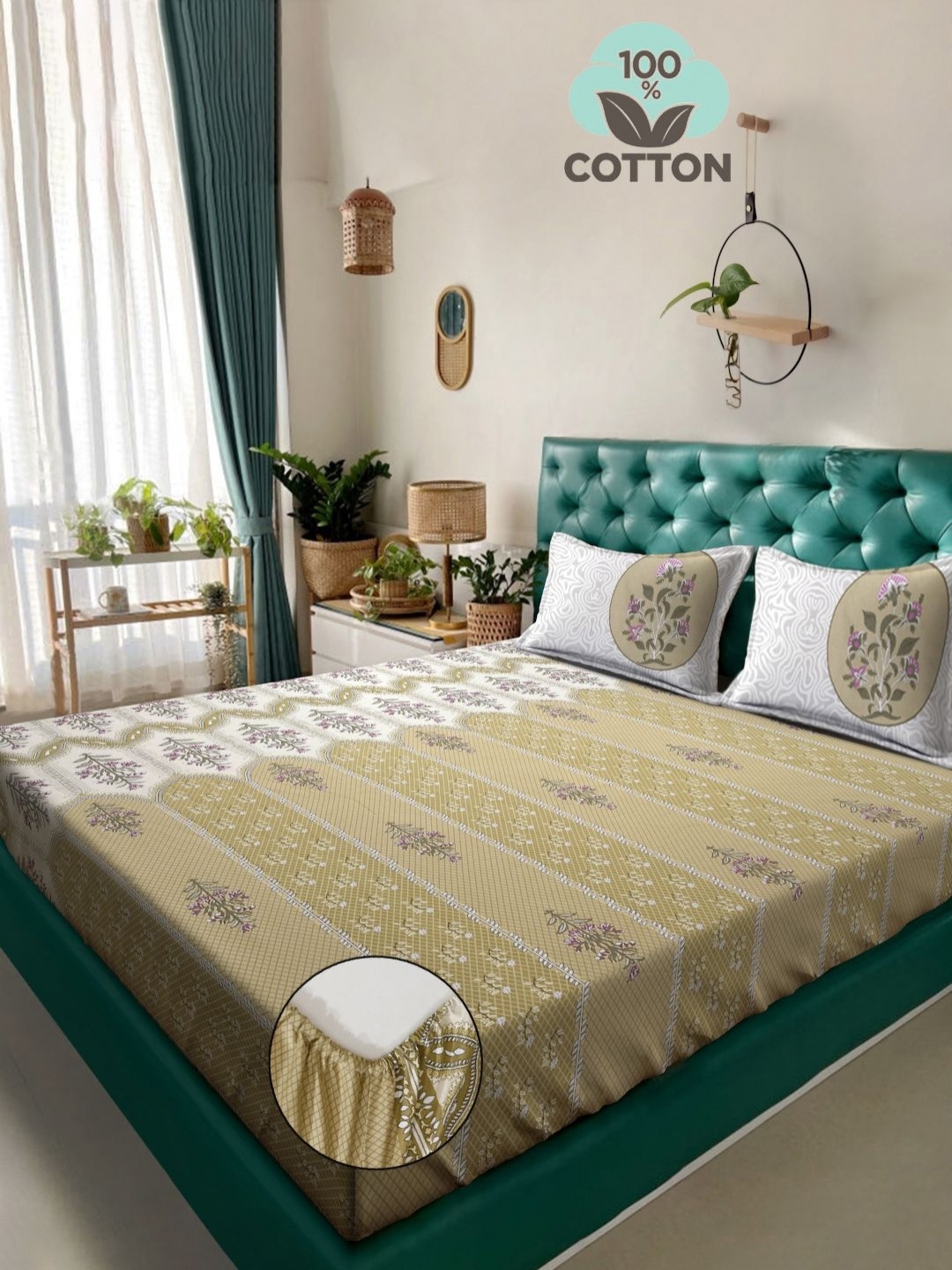 Aura Olive Green & White Floral Printed Fitted 400TC King Cotton Bedsheet & 2 Pillow Cover
Aura Olive Green & White Floral Printed Fitted 400TC King Cotton Bedsheet & 2 Pillow Cover
