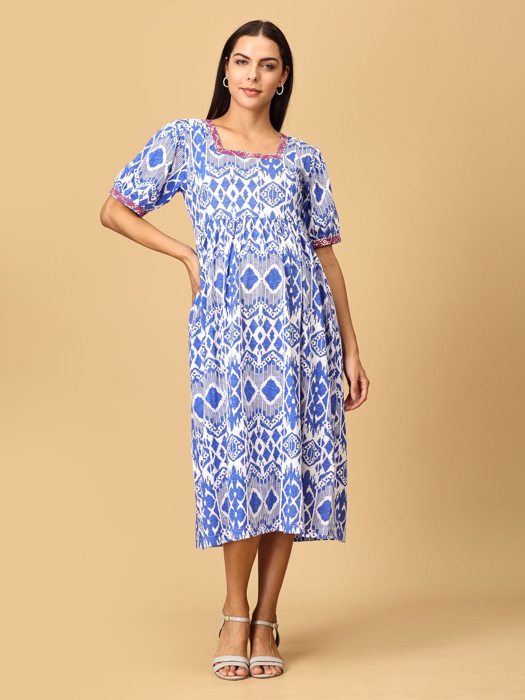 The Mom Store Women Floral Print Puff Sleeve Maternity A-Line Cotton Midi Dress, White
The Mom Store Women Floral Print Puff Sleeve Maternity A-Line Cotton Midi Dress, White