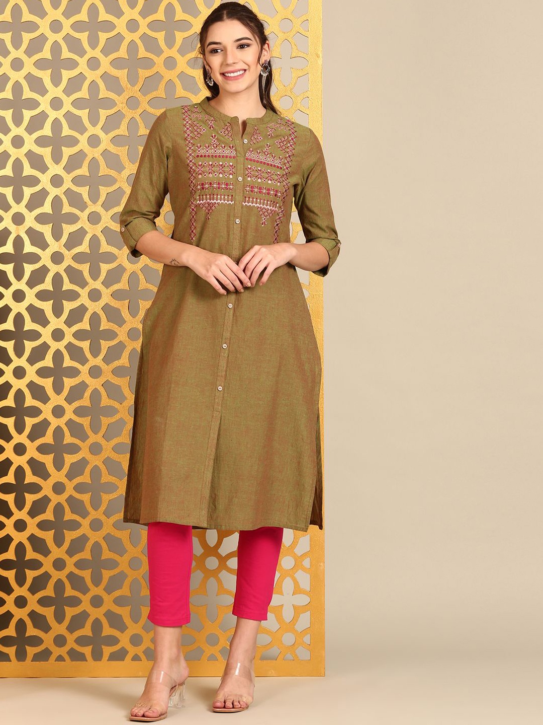 Anouk Olive Green Ethnic Motifs Embroidered Mandarin Collar Pure Cotton Straight Kurta
Anouk Olive Green Ethnic Motifs Embroidered Mandarin Collar Pure Cotton Straight Kurta