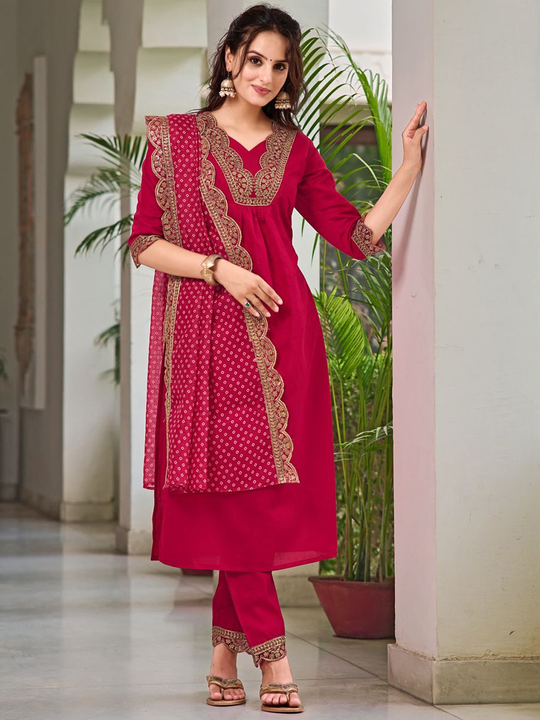 KALINI Floral Yoke Design Sequinned Chanderi Cotton Straight Kurta With Trouser & Dupatta, Pink
KALINI Floral Yoke Design Sequinned Chanderi Cotton Straight Kurta With Trouser & Dupatta, Pink