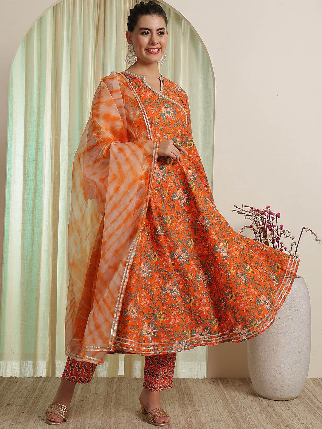 NISHABD Floral Printed Angrakha Pure Cotton Anarkali Kurta With Trouser With Dupatta, Orange
NISHABD Floral Printed Angrakha Pure Cotton Anarkali Kurta With Trouser With Dupatta, Orange