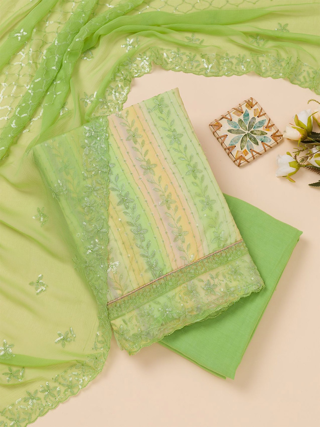 Koskii Floral Embroidered Sequinned Georgette Unstitched Dress Material, Green
Koskii Floral Embroidered Sequinned Georgette Unstitched Dress Material, Green