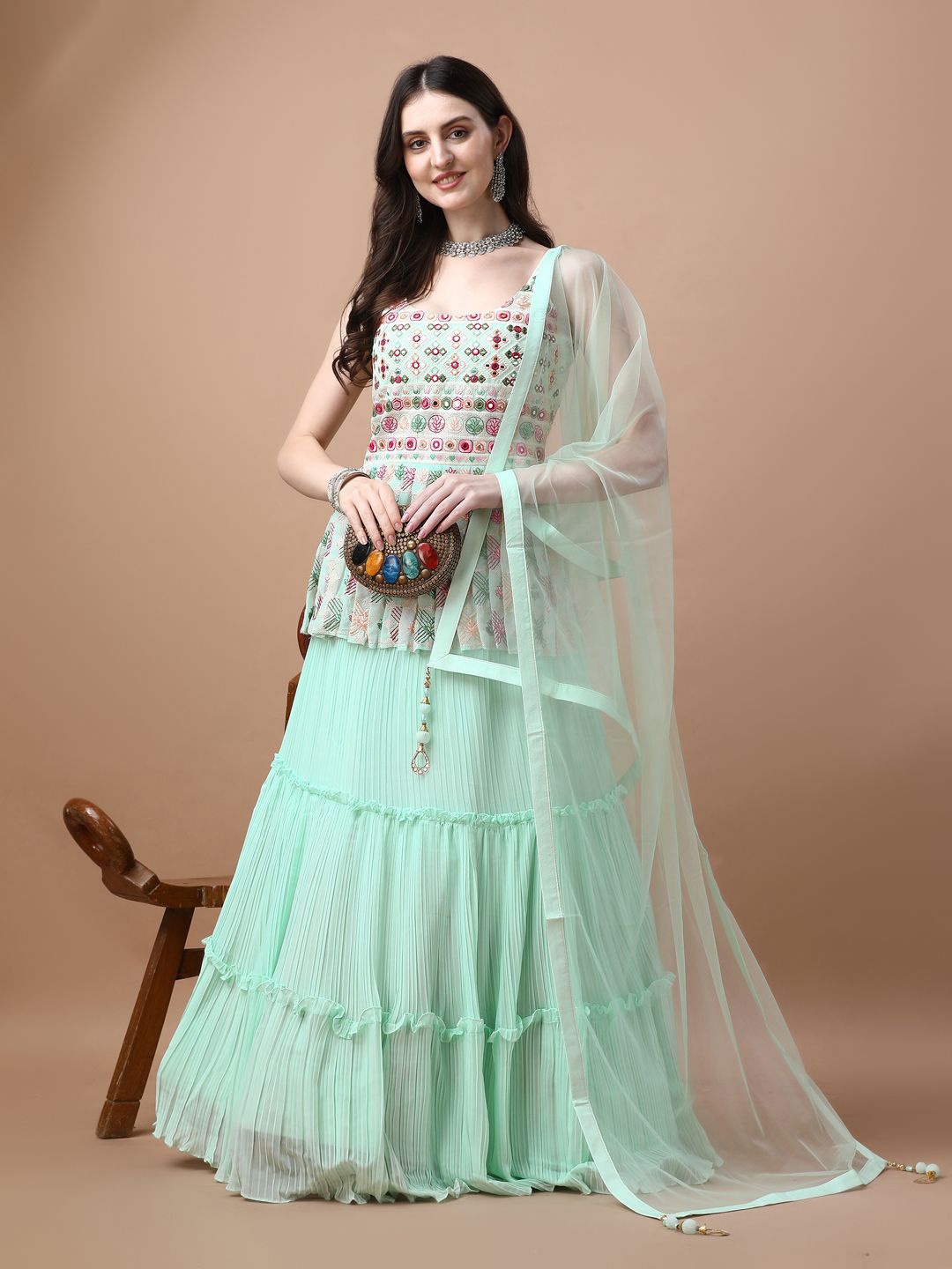 VANAKARA Embroidered Mirror Work Ready to Wear Lehenga & Blouse With Dupatta, Turquoise blue
VANAKARA Embroidered Mirror Work Ready to Wear Lehenga & Blouse With Dupatta, Turquoise blue
