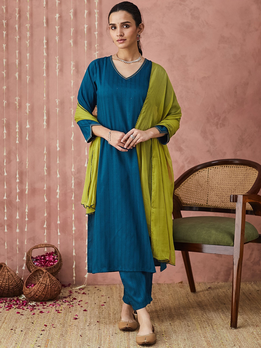 SANSKAR Women Ethnic Motifs Embroidered Regular Kantha Work Chanderi Silk Kurta with Trousers & With Dupatta, Blue
SANSKAR Women Ethnic Motifs Embroidered Regular Kantha Work Chanderi Silk Kurta with Trousers & With Dupatta, Blue