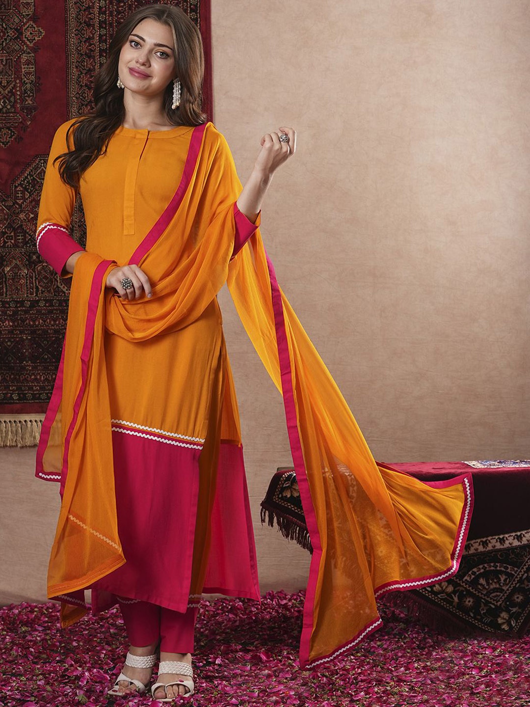 Anni Designer Colourblocked Round Neck Regular Kurta With Trouser With Dupatta, Orange
Anni Designer Colourblocked Round Neck Regular Kurta With Trouser With Dupatta, Orange