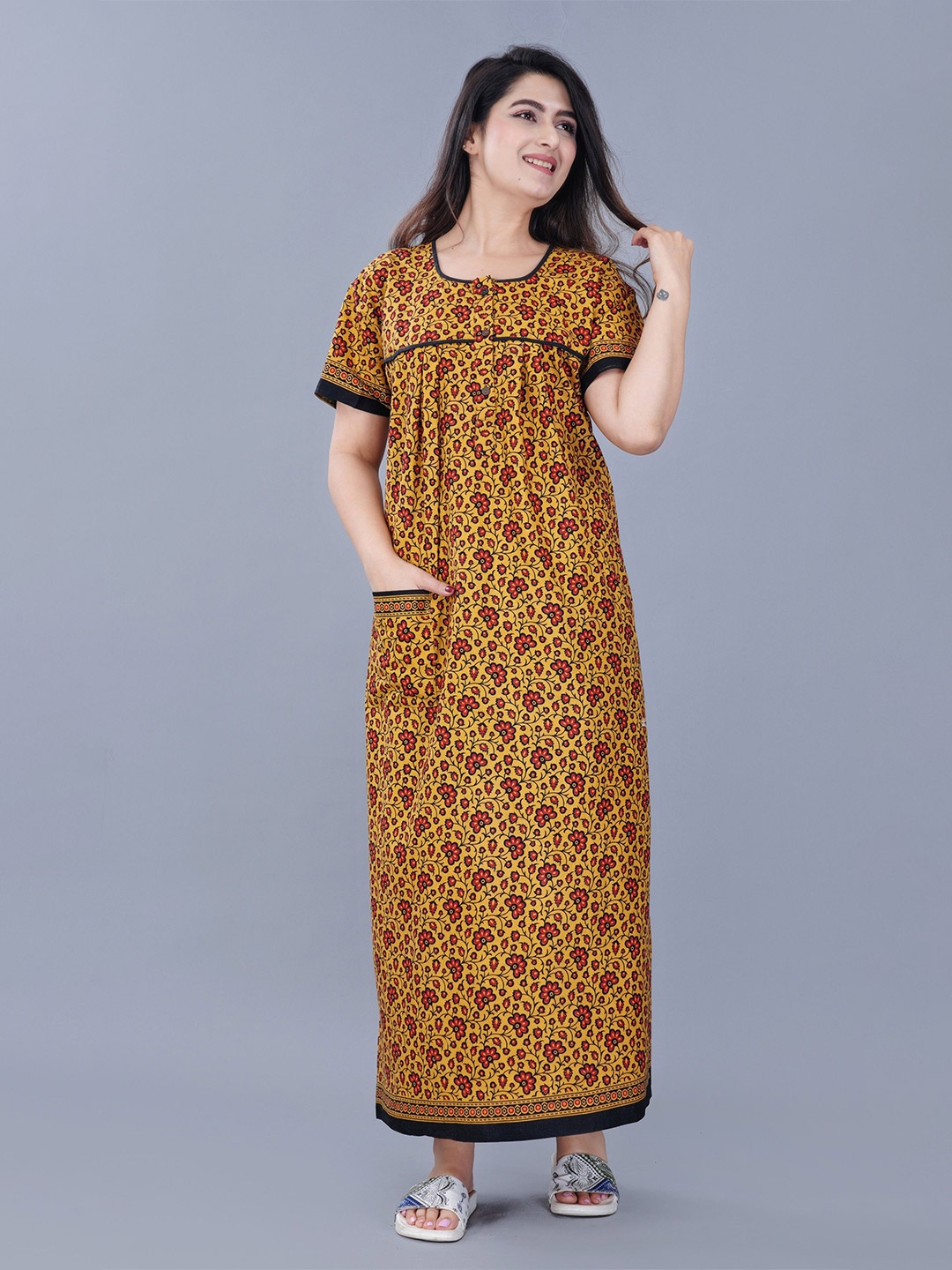 MAYA PRINT Women Printed Pure Cotton Round Neck Short Sleeves Maxi Nightdress, Yellow
MAYA PRINT Women Printed Pure Cotton Round Neck Short Sleeves Maxi Nightdress, Yellow