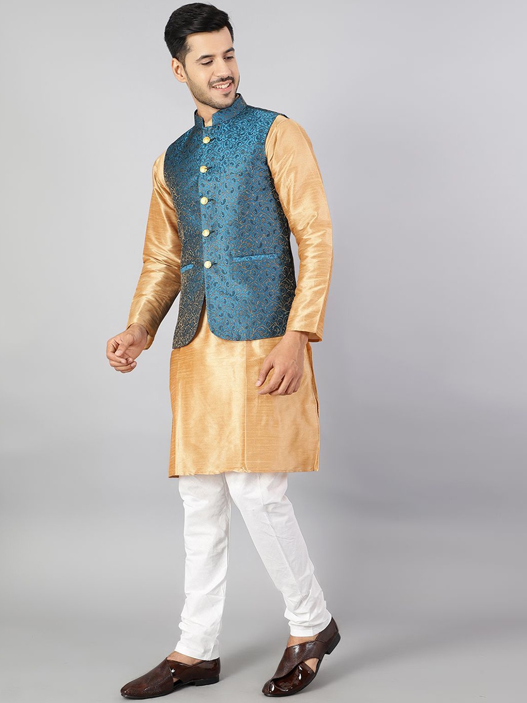 Wintage Mandarin Collar Cotton Silk Straight Kurta with Pyjamas & Nehru Jacket, Gold
Wintage Mandarin Collar Cotton Silk Straight Kurta with Pyjamas & Nehru Jacket, Gold