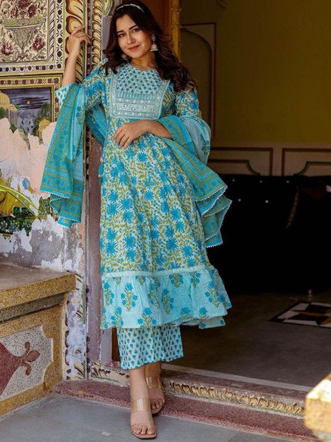 Chandbaali Floral Printed Mirror Work Pure Cotton Straight Kurta With Trouser & Dupatta, Teal
Chandbaali Floral Printed Mirror Work Pure Cotton Straight Kurta With Trouser & Dupatta, Teal