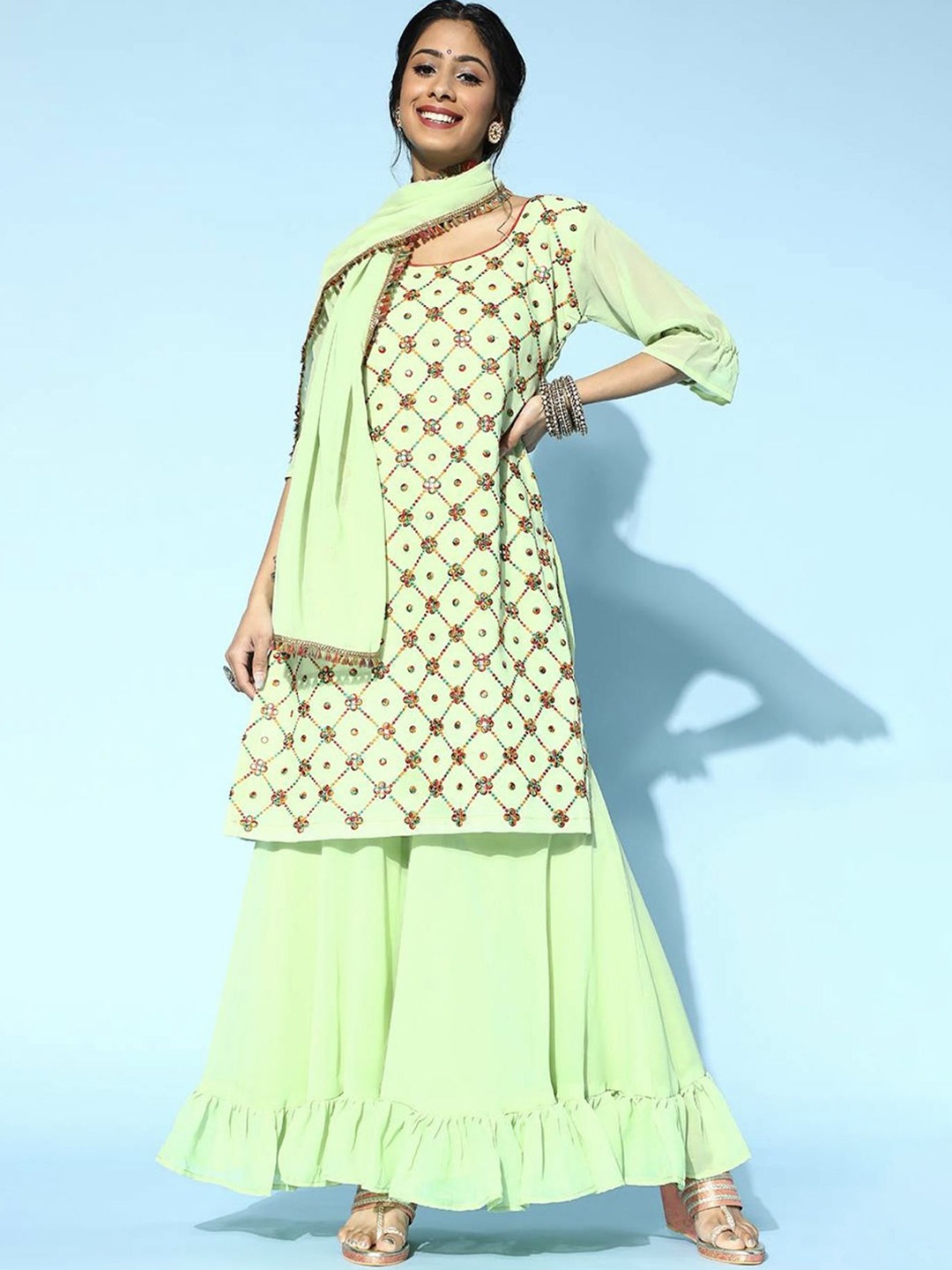 BCZ Style Floral Embroidered Mirror Work Georgette Straight Kurta With Sharara & Dupatta, Green
BCZ Style Floral Embroidered Mirror Work Georgette Straight Kurta With Sharara & Dupatta, Green