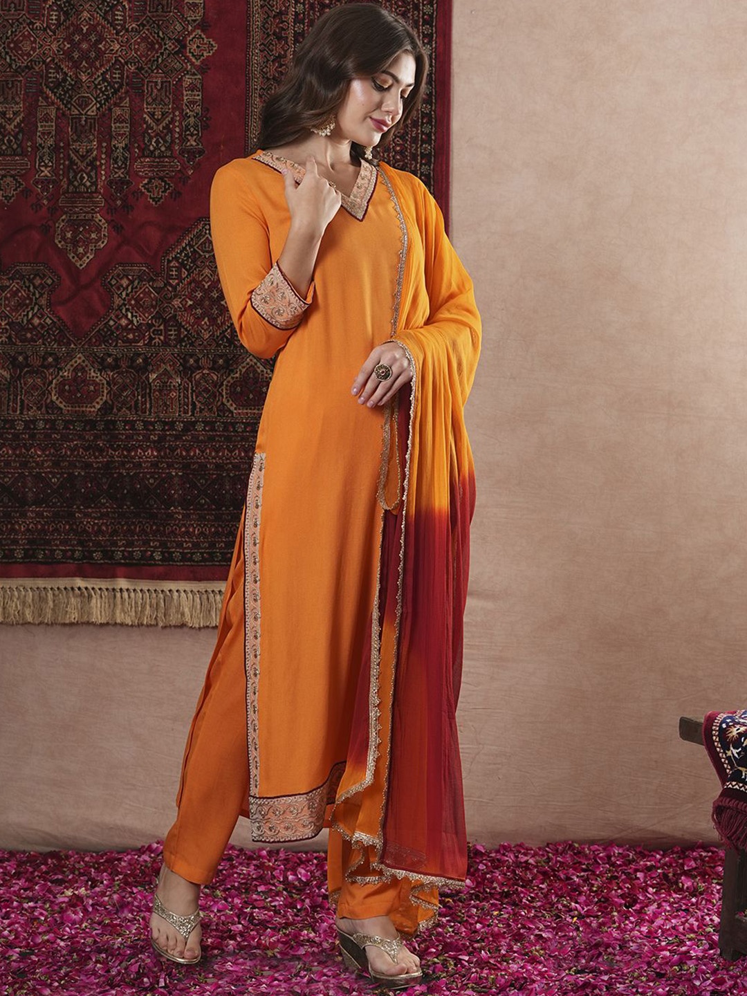 Anni Designer V-Neck Sequinned Regular Straight Kurta with Trousers & Dupatta, Orange
Anni Designer V-Neck Sequinned Regular Straight Kurta with Trousers & Dupatta, Orange