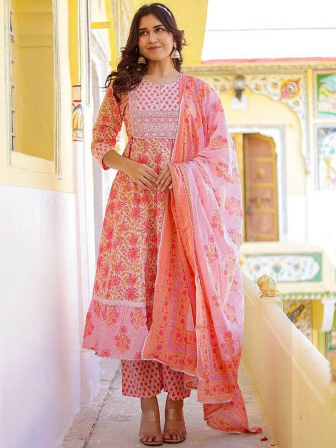 Chandbaali Floral Printed Mirror Work Pure Cotton Anarkali Kurta With Trouser & Dupatta, Pink
Chandbaali Floral Printed Mirror Work Pure Cotton Anarkali Kurta With Trouser & Dupatta, Pink