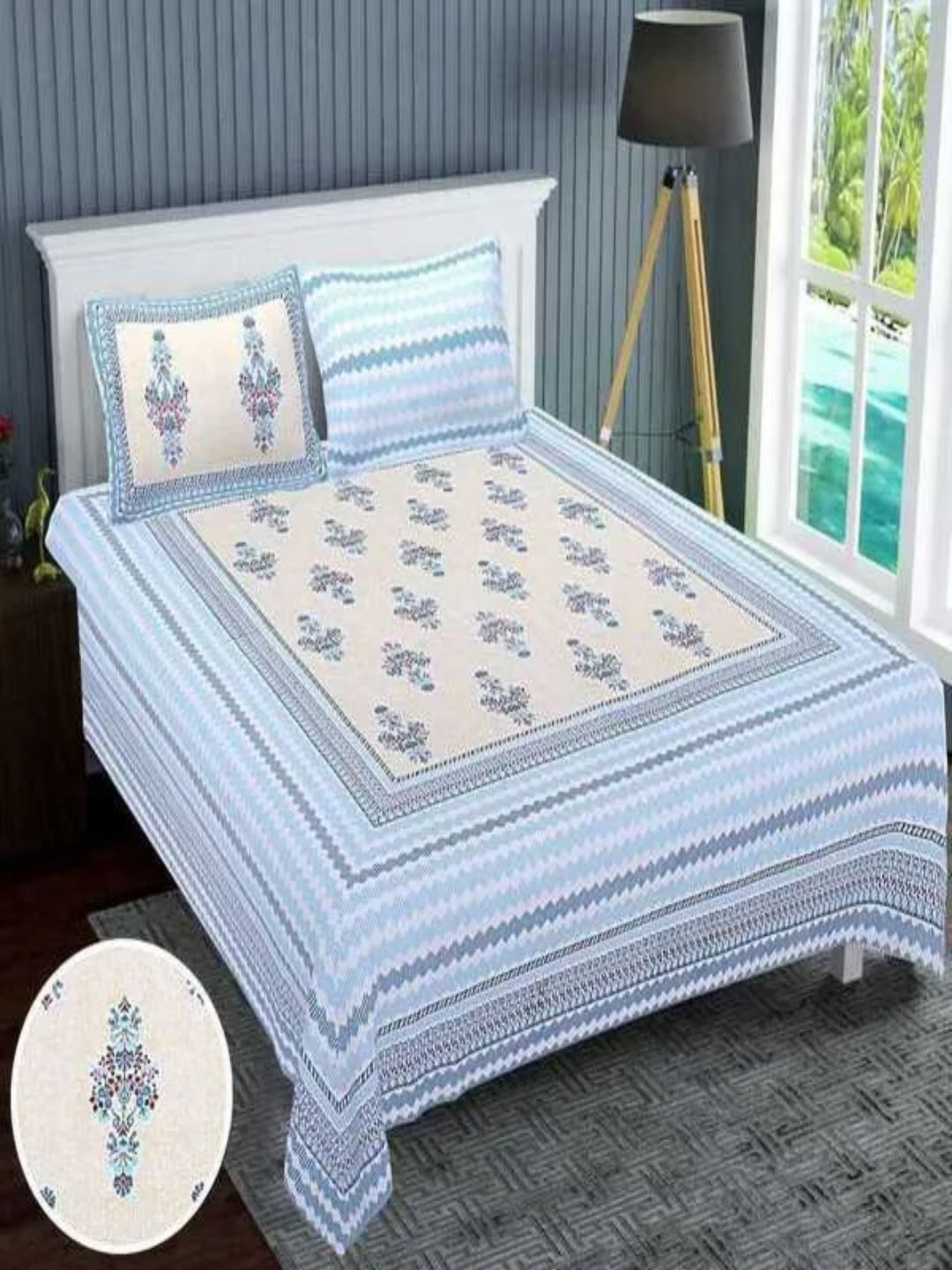 Runjhun Blue & Cream-Coloured Floral Pure Cotton 240 TC King Bedsheet Set-2.54 M x 2.74 M 
Runjhun Blue & Cream-Coloured Floral Pure Cotton 240 TC King Bedsheet Set-2.54 M x 2.74 M