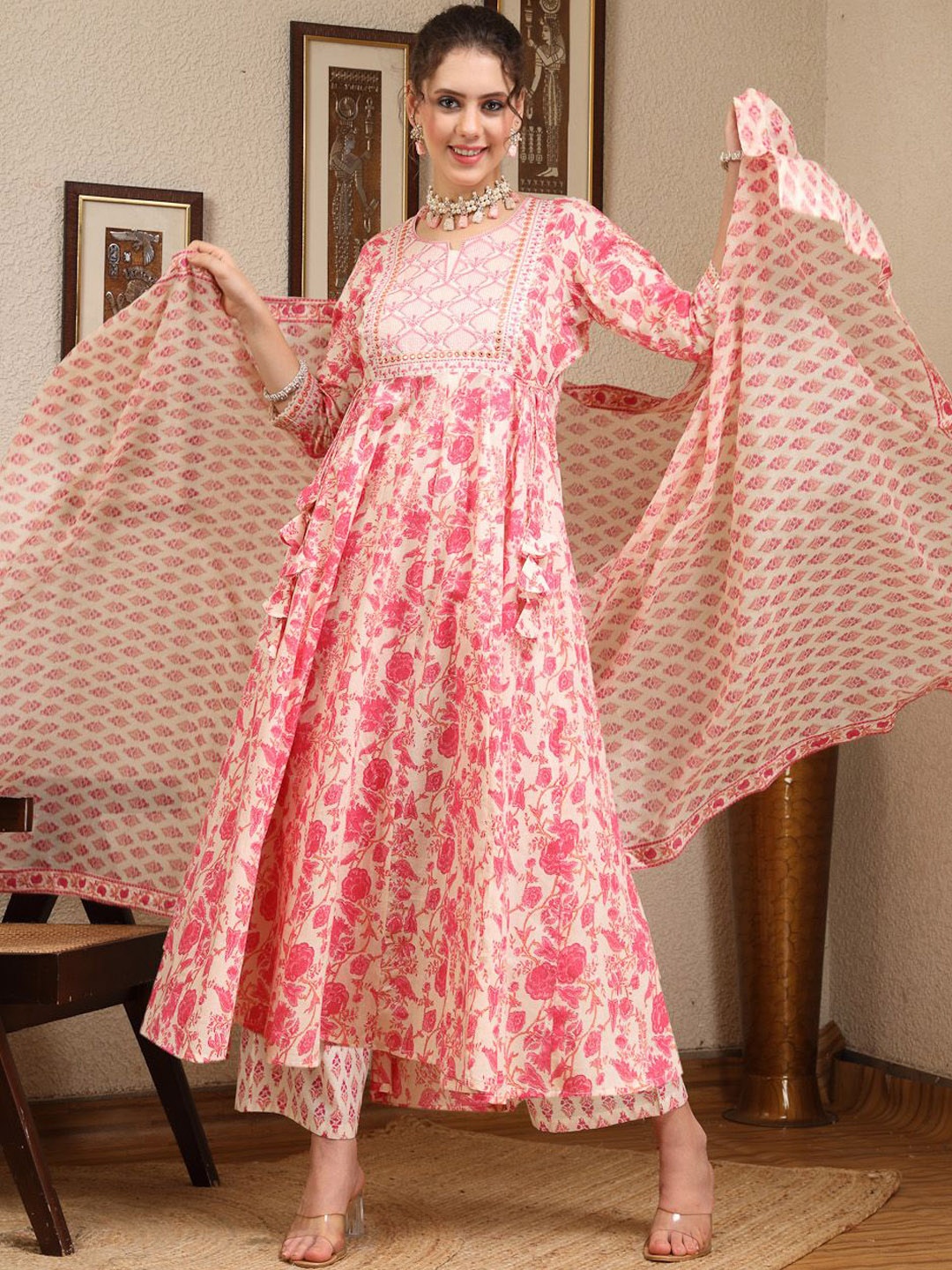 KIMAYRA Floral Printed Mirror Work Pure Cotton Anarkali Kurta with Palazzo & Dupatta, Pink
KIMAYRA Floral Printed Mirror Work Pure Cotton Anarkali Kurta with Palazzo & Dupatta, Pink