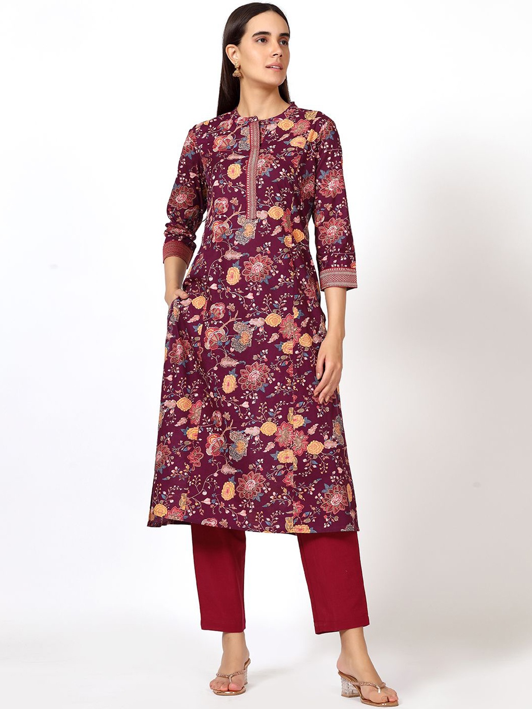 Saffron Threads Floral Printed Mandarin Collar Brocade Lace Pure Cotton Straight Kurta, Burgundy
Saffron Threads Floral Printed Mandarin Collar Brocade Lace Pure Cotton Straight Kurta, Burgundy