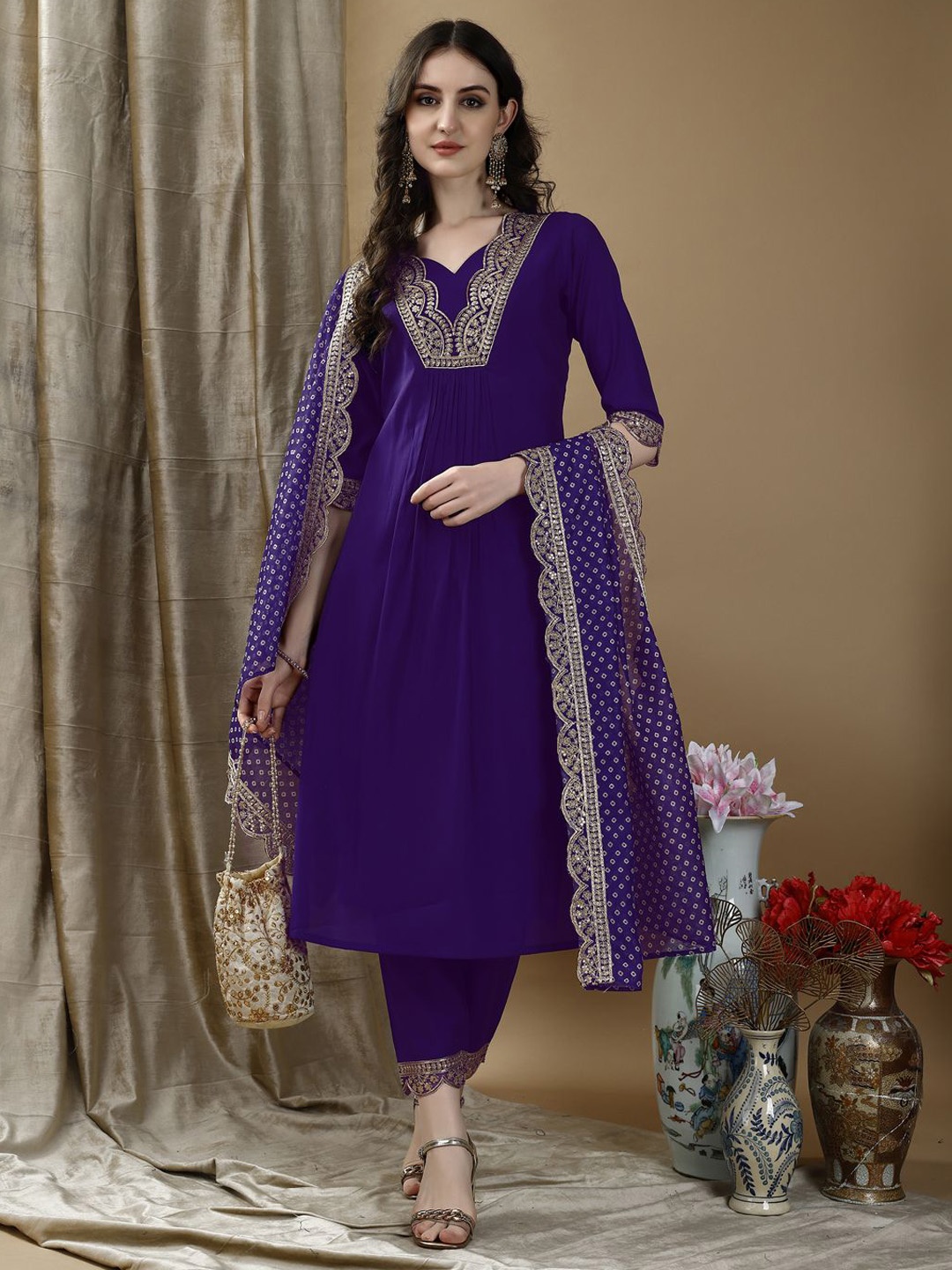 KALINI Floral Embroidered Sequinned Chanderi Cotton Straight Kurta With Trousers & Dupatta, Purple
KALINI Floral Embroidered Sequinned Chanderi Cotton Straight Kurta With Trousers & Dupatta, Purple