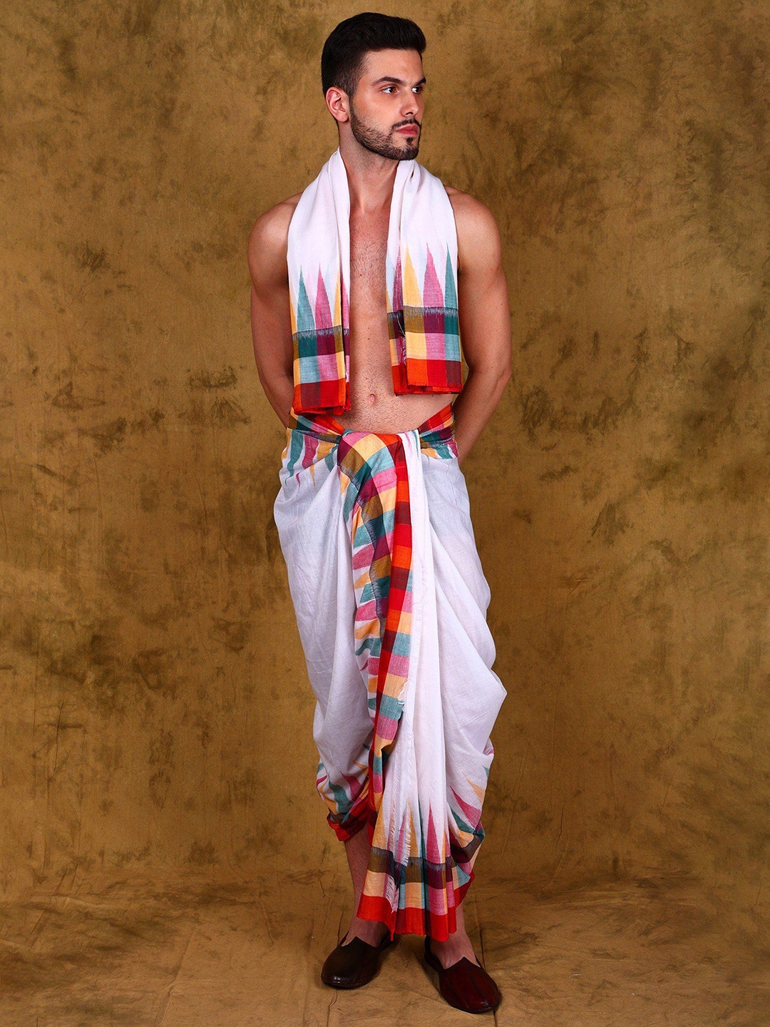 Exotic India Pure Cotton Sambalpuri Dhoti and Angavastram Set with Woven Temple Border, White
Exotic India Pure Cotton Sambalpuri Dhoti and Angavastram Set with Woven Temple Border, White