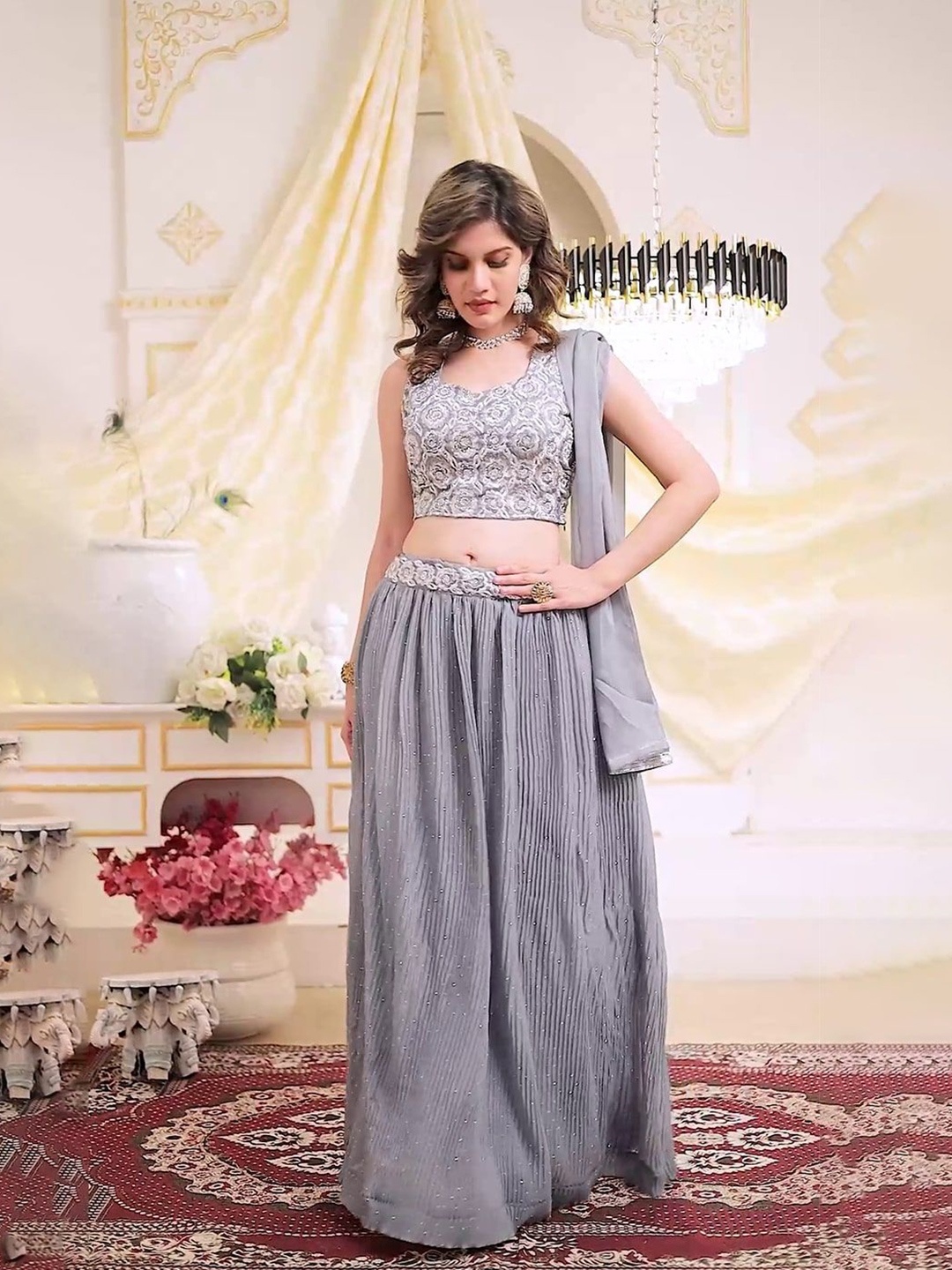 LUGAI Embroidered Beads and Stones Ready to Wear Lehenga & Blouse With Dupatta, Grey
LUGAI Embroidered Beads and Stones Ready to Wear Lehenga & Blouse With Dupatta, Grey
