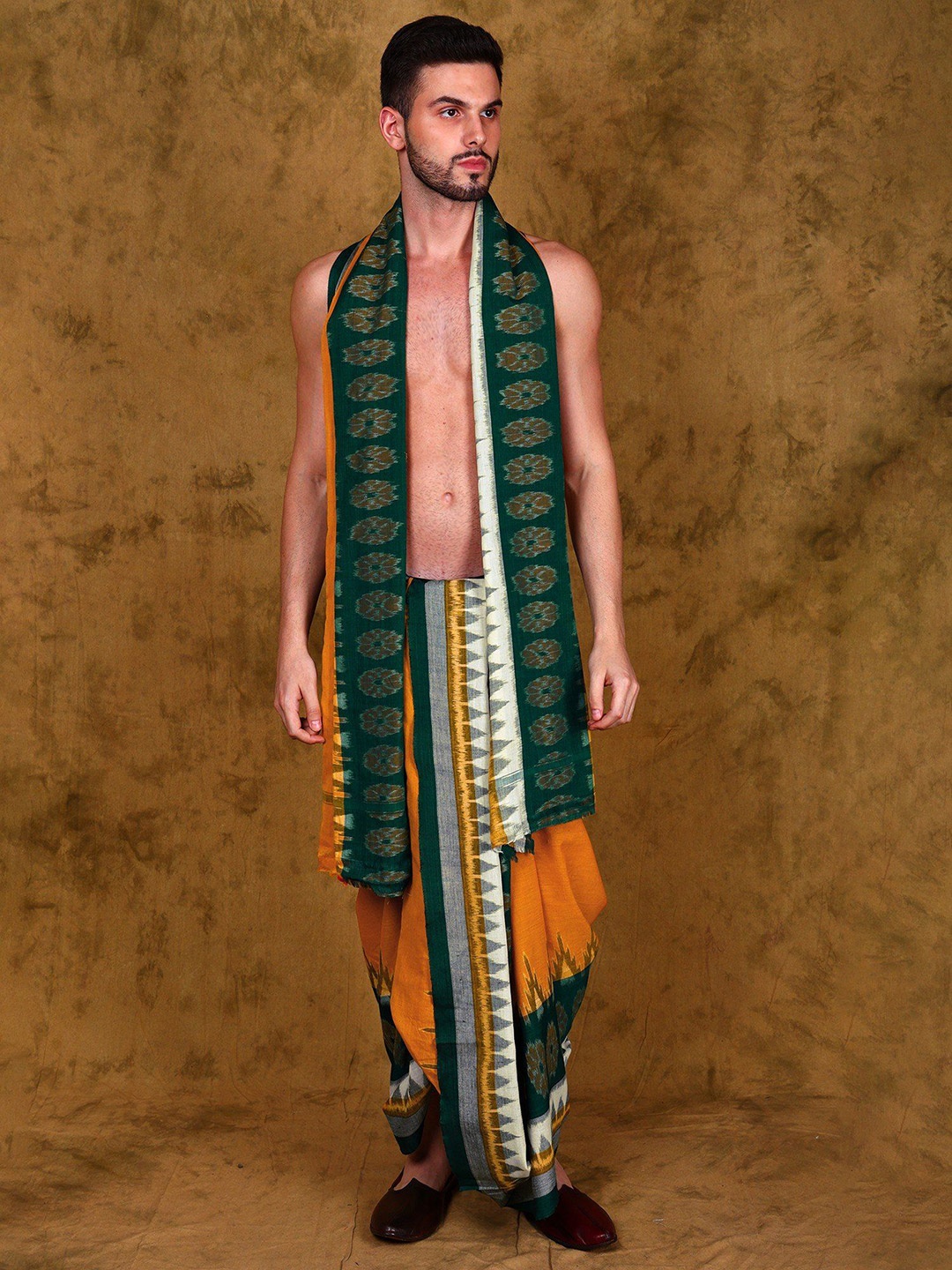 Exotic India Pure Cotton Sambalpuri Dhoti and Angavastram With Ikat Woven Temple Border, Green
Exotic India Pure Cotton Sambalpuri Dhoti and Angavastram With Ikat Woven Temple Border, Green
