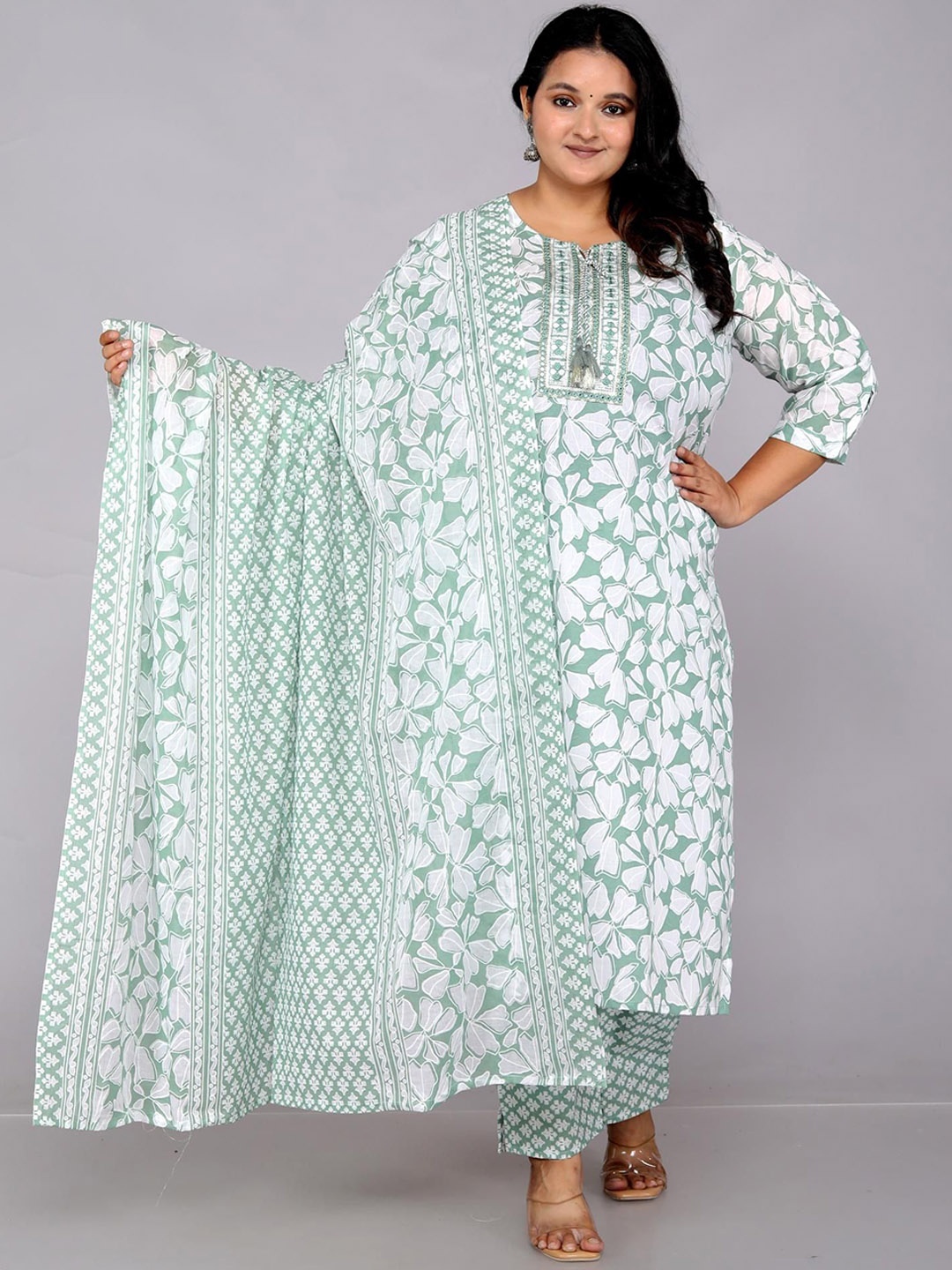 KALINI Floral Printed Regular Mirror Work Pure Cotton Kurta With Trouser With Dupatta, Green
KALINI Floral Printed Regular Mirror Work Pure Cotton Kurta With Trouser With Dupatta, Green