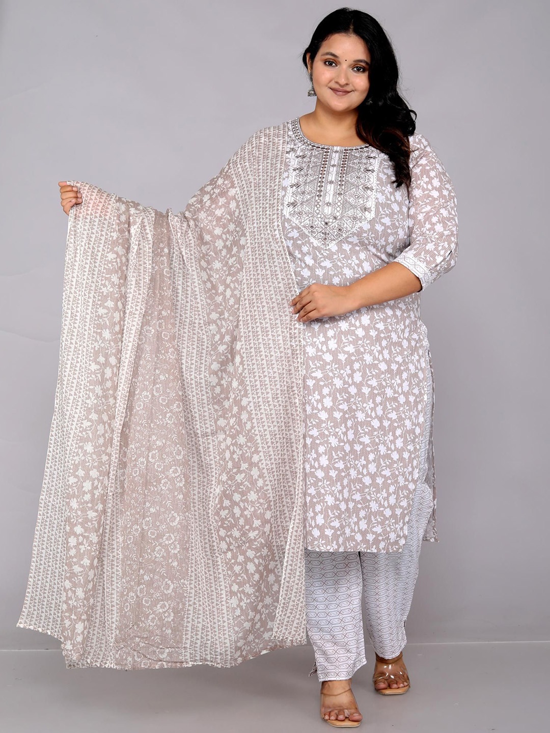 KALINI Floral Printed Regular Mirror Work Pure Cotton Kurta With Trouser With Dupatta, Grey
KALINI Floral Printed Regular Mirror Work Pure Cotton Kurta With Trouser With Dupatta, Grey