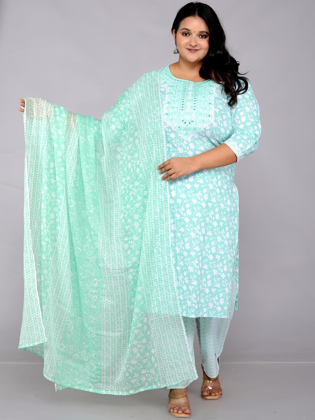 KALINI Floral Printed Mirror Work Pure Cotton Straight Kurta with Trouser & Dupatta, Sea green
KALINI Floral Printed Mirror Work Pure Cotton Straight Kurta with Trouser & Dupatta, Sea green