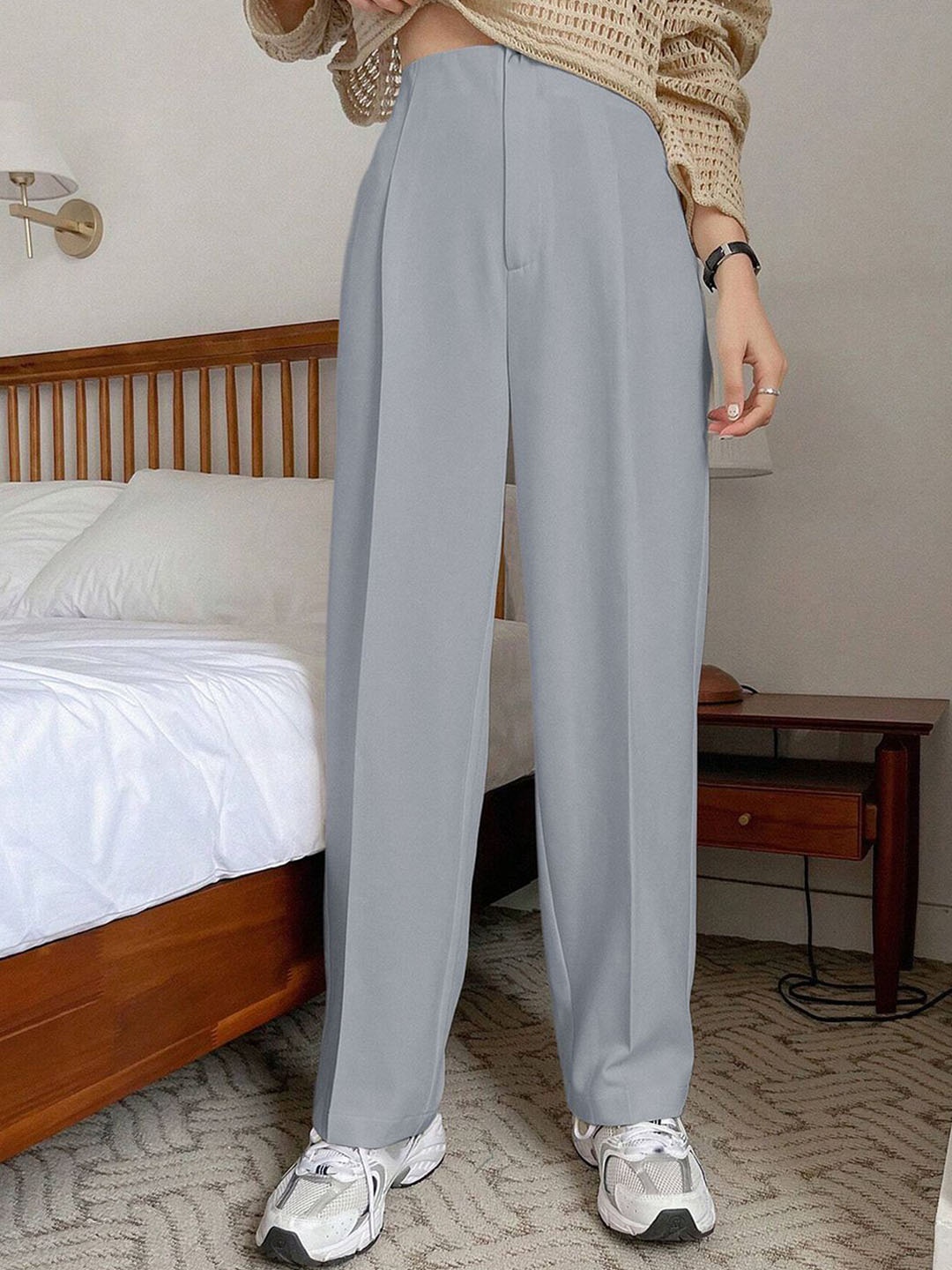 Kotty Women Relaxed Straight Leg Straight Fit High-Rise Cotton Pleated Formal Trousers, Grey
Kotty Women Relaxed Straight Leg Straight Fit High-Rise Cotton Pleated Formal Trousers, Grey