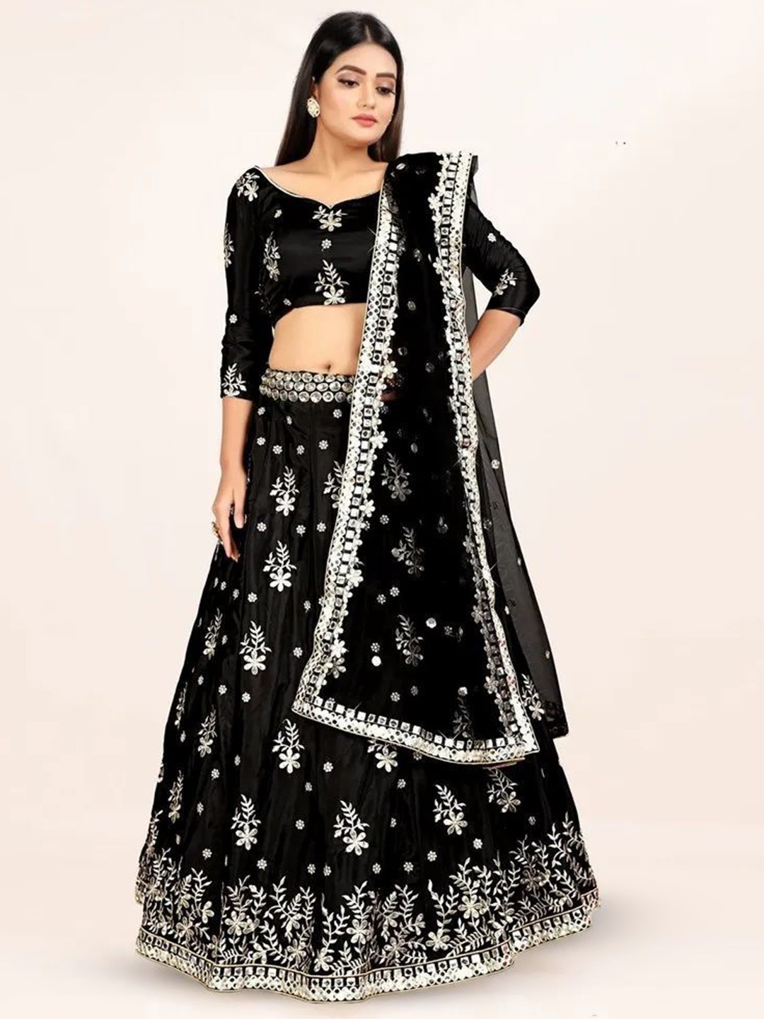 Rujave Embroidered Sequinned Semi-Stitched Lehenga & Unstitched Blouse With Dupatta, Black
Rujave Embroidered Sequinned Semi-Stitched Lehenga & Unstitched Blouse With Dupatta, Black