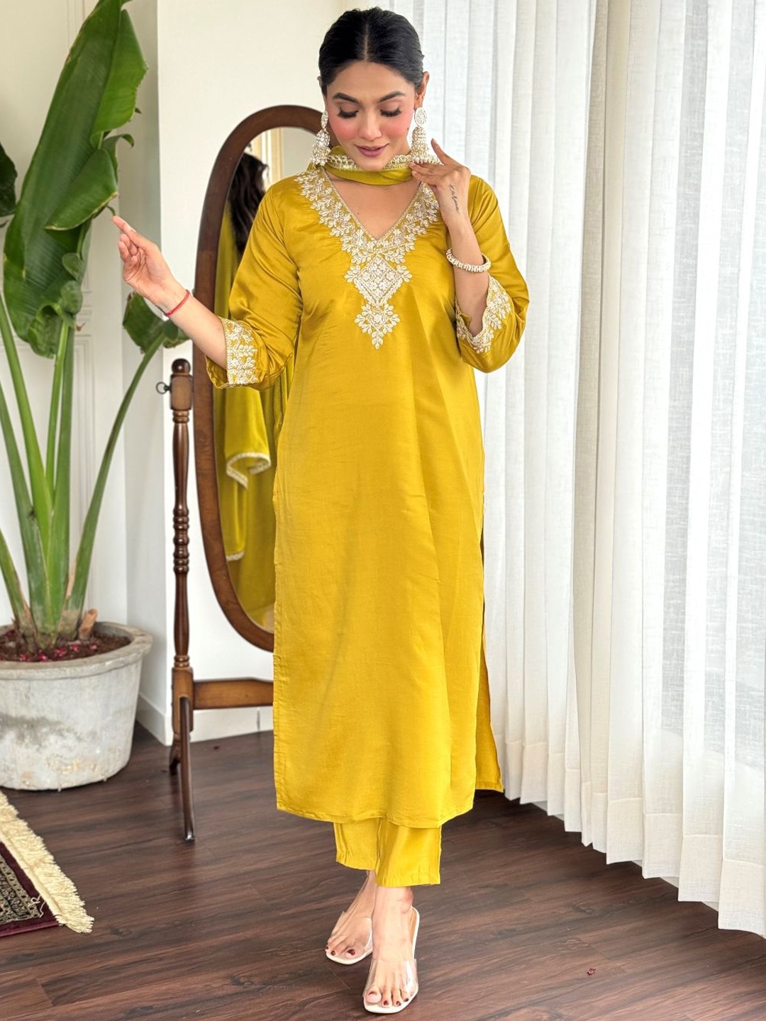 KALINI Ethnic Motifs Thread Work Chanderi Silk Kurta with Trousers & Dupatta, Yellow
KALINI Ethnic Motifs Thread Work Chanderi Silk Kurta with Trousers & Dupatta, Yellow