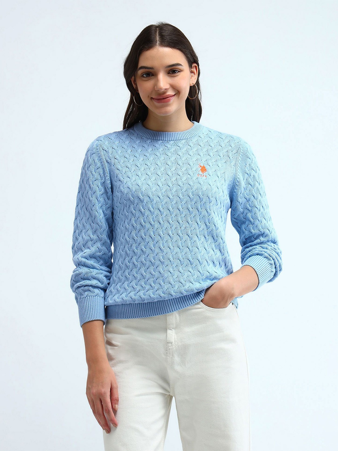 U.S. Polo Assn. Women Women Self Design Pure Cotton Cable Knit Pullover Sweater, Blue
U.S. Polo Assn. Women Women Self Design Pure Cotton Cable Knit Pullover Sweater, Blue