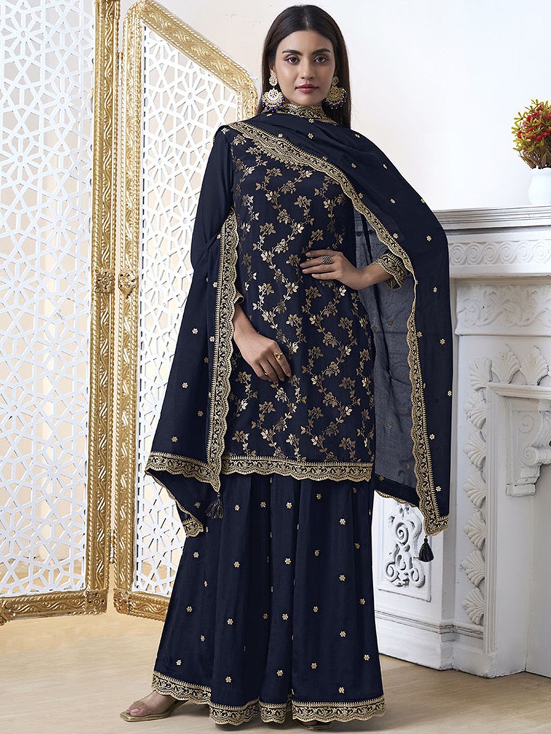 Seerat Women Ethnic Motifs Embroidered Regular Silk Chiffon Kurta with Sharara & With Dupatta, Blue
Seerat Women Ethnic Motifs Embroidered Regular Silk Chiffon Kurta with Sharara & With Dupatta, Blue