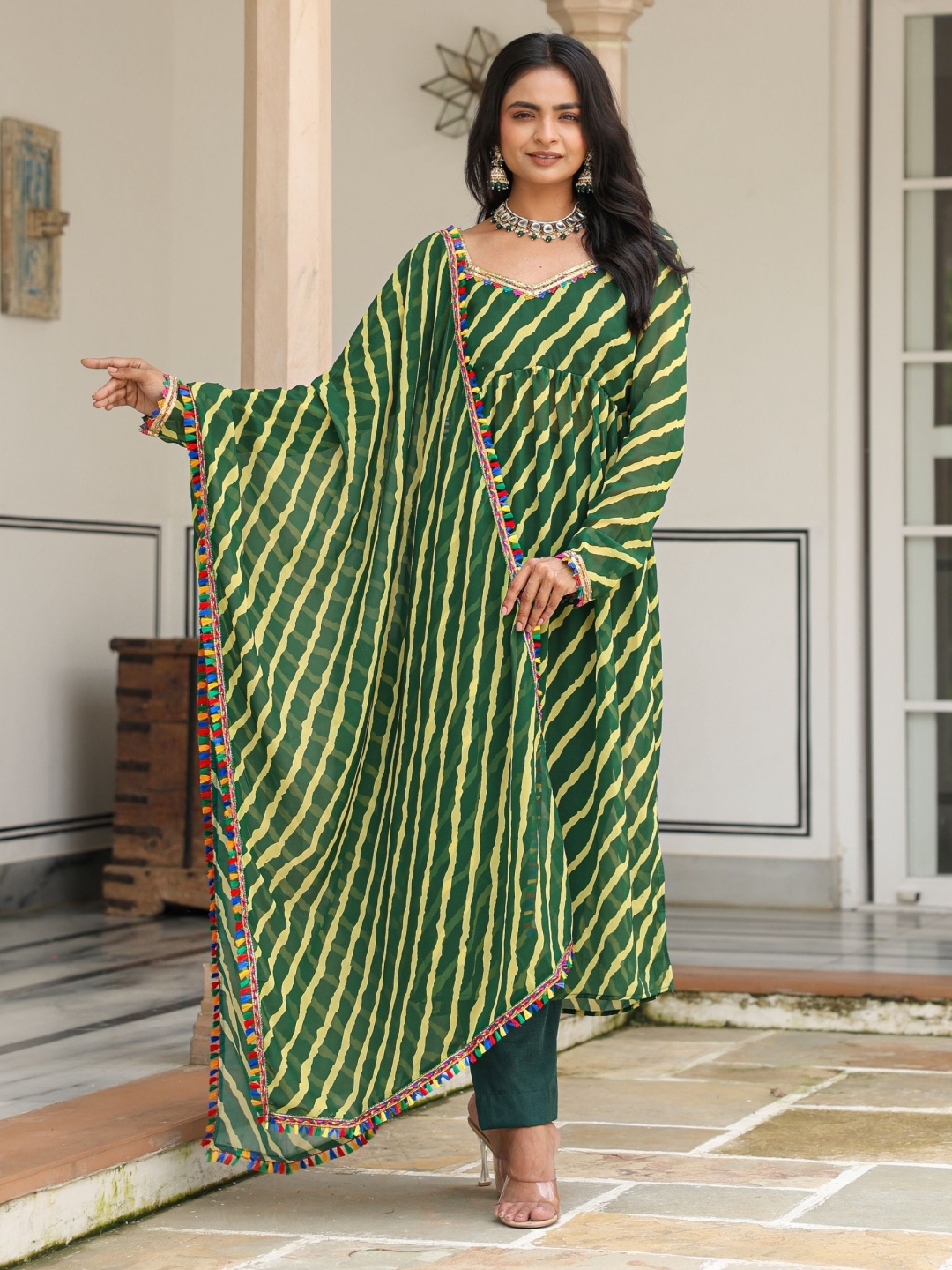 ASHEERA Women Leheriya Printed Empire Gotta Patti Kurta with Trousers & With Dupatta, Green
ASHEERA Women Leheriya Printed Empire Gotta Patti Kurta with Trousers & With Dupatta, Green