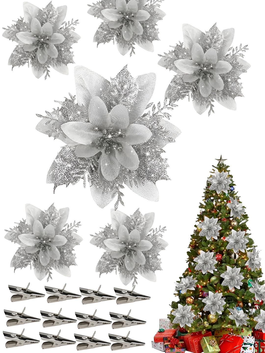 TIED RIBBONS 12-Pcs Grey Christmas Decoration Artificial Poinsettia Flower With Clip, Silver
TIED RIBBONS 12-Pcs Grey Christmas Decoration Artificial Poinsettia Flower With Clip, Silver