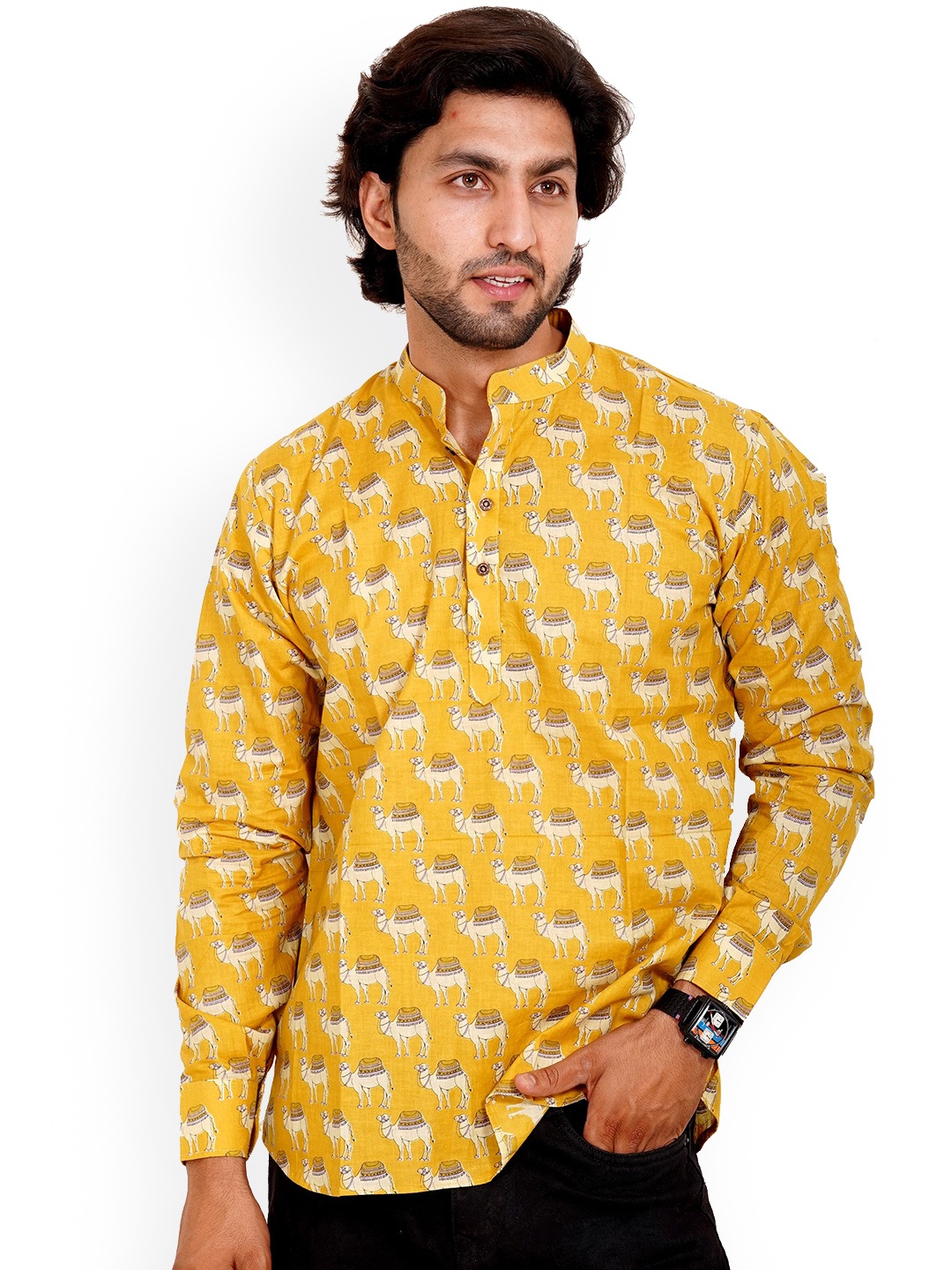 The Kurta Studio Camel Printed Mandarin Collar Pure Cotton Straight Short Kurta, Yellow
The Kurta Studio Camel Printed Mandarin Collar Pure Cotton Straight Short Kurta, Yellow