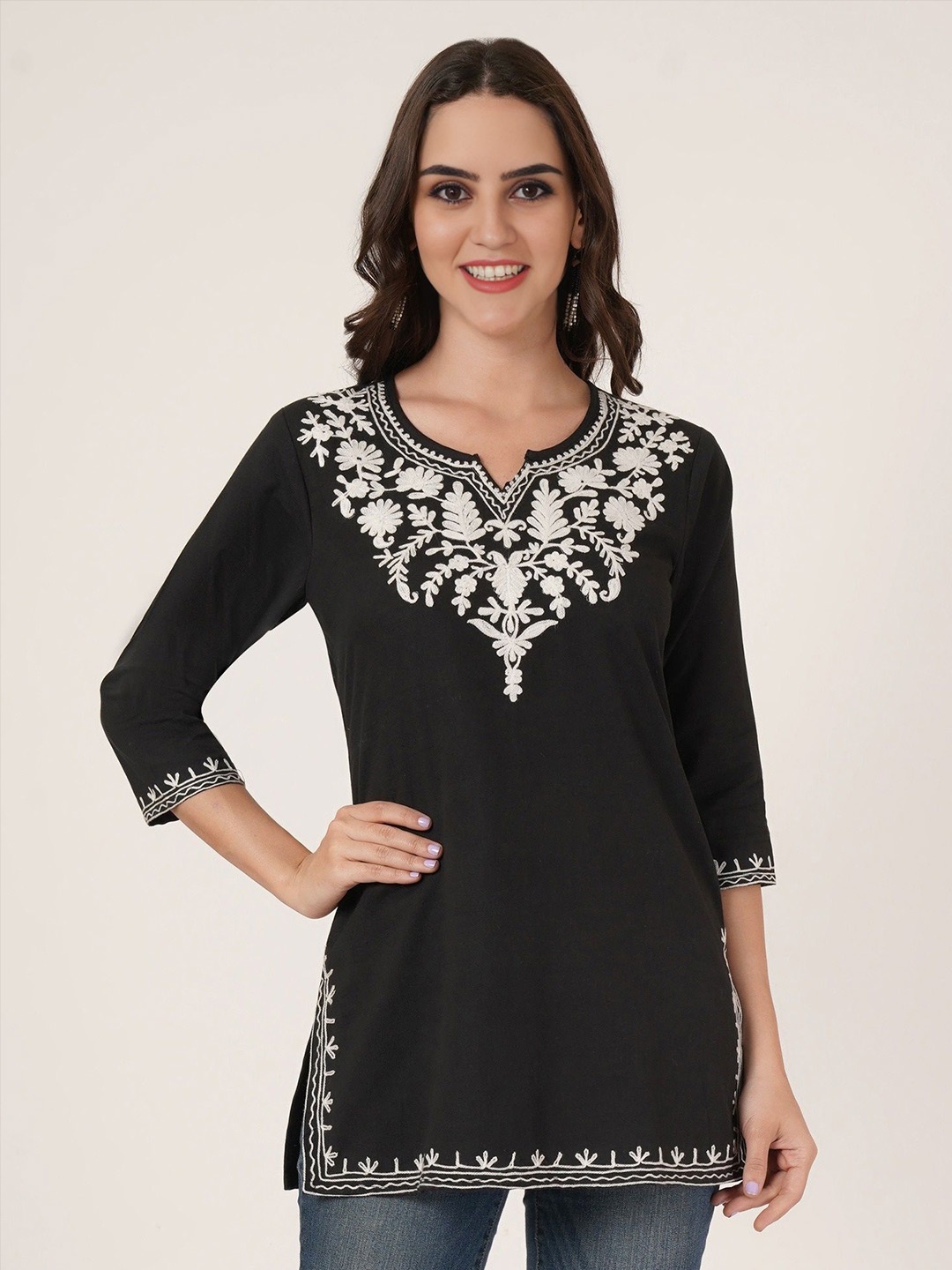 Brownverse Women Floral Embroidered Thread Work Pure Cotton Khadi Thread Work Kurti, Black
Brownverse Women Floral Embroidered Thread Work Pure Cotton Khadi Thread Work Kurti, Black