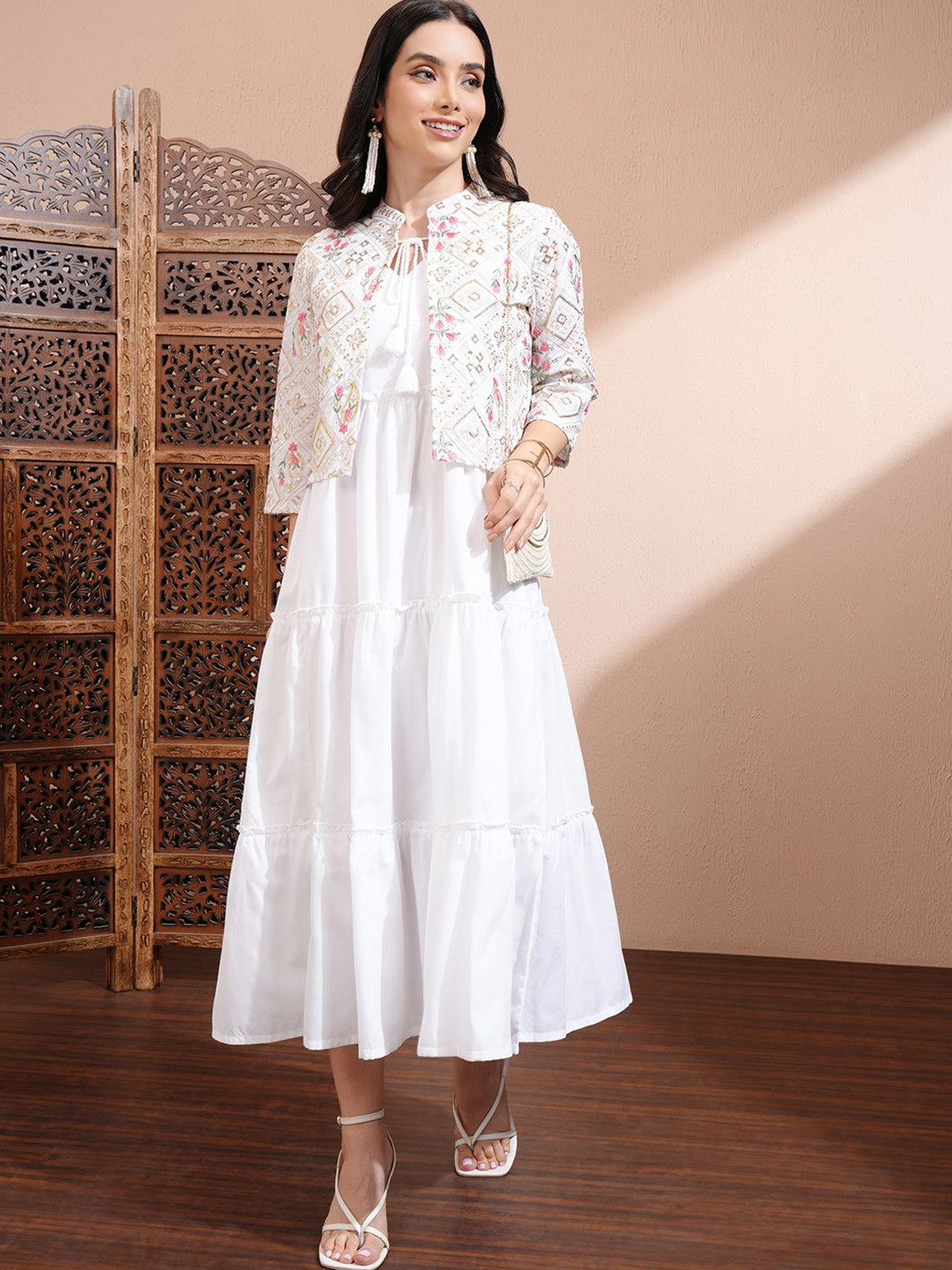 Vishudh Women Floral Printed Ruffles Tiered Cotton A-Line Midi Dress With Jacket, White
Vishudh Women Floral Printed Ruffles Tiered Cotton A-Line Midi Dress With Jacket, White