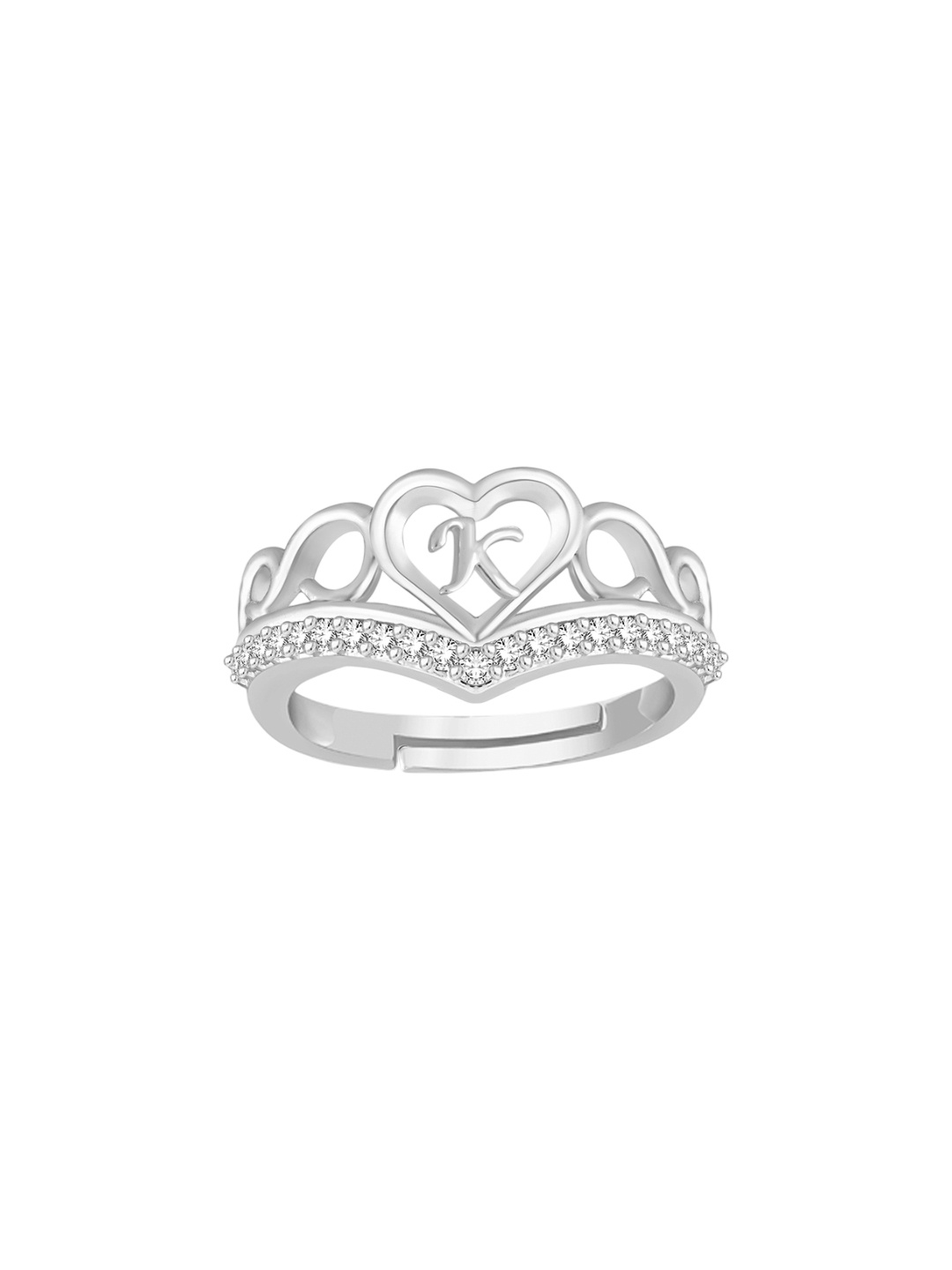 Lila Unisex Silver-Plated Cubic Zirconia Stone Studded Alphabet K Adjustable Finger Ring
Lila Unisex Silver-Plated Cubic Zirconia Stone Studded Alphabet K Adjustable Finger Ring