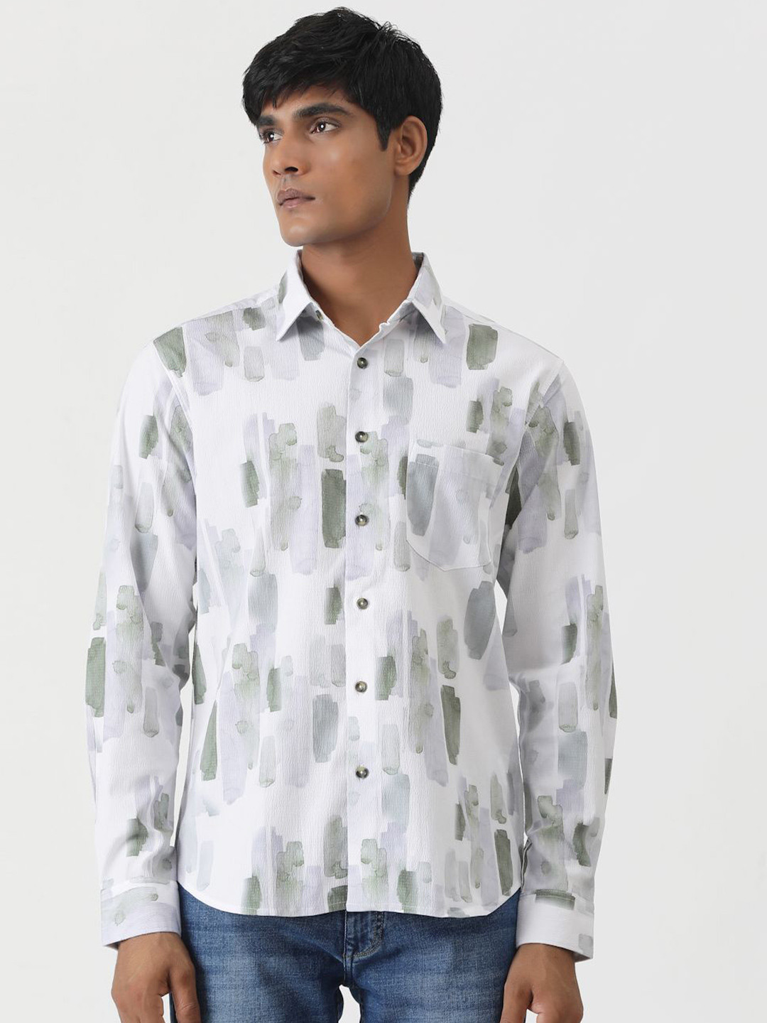 Greenfibre Men Slim Fit Opaque Printed Casual Shirt, Green 
Greenfibre Men Slim Fit Opaque Printed Casual Shirt, Green