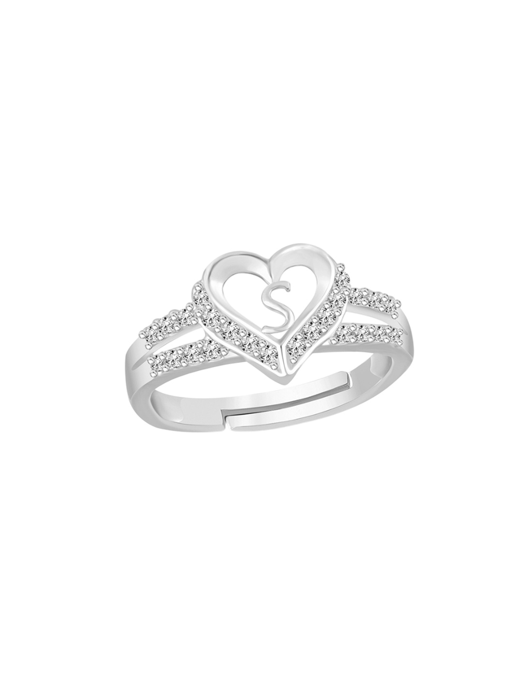 Lila Unisex Silver-Plated Cubic Zirconia Stone Studded Alphabet S Adjustable Finger Ring
Lila Unisex Silver-Plated Cubic Zirconia Stone Studded Alphabet S Adjustable Finger Ring