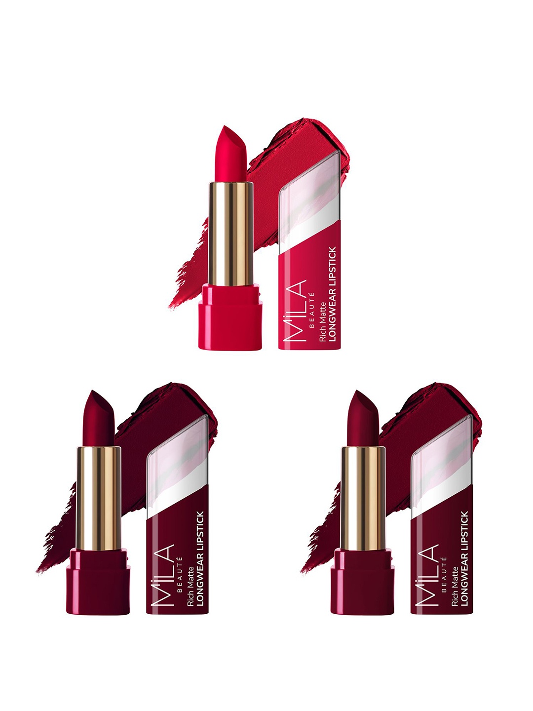 MILA BEAUTE Set Of 3 Rich Matte Longwear Bullet Lipstick - 4.2 g Shade - 601 - 612 - 612, Red
MILA BEAUTE Set Of 3 Rich Matte Longwear Bullet Lipstick - 4.2 g Shade - 601 - 612 - 612, Red