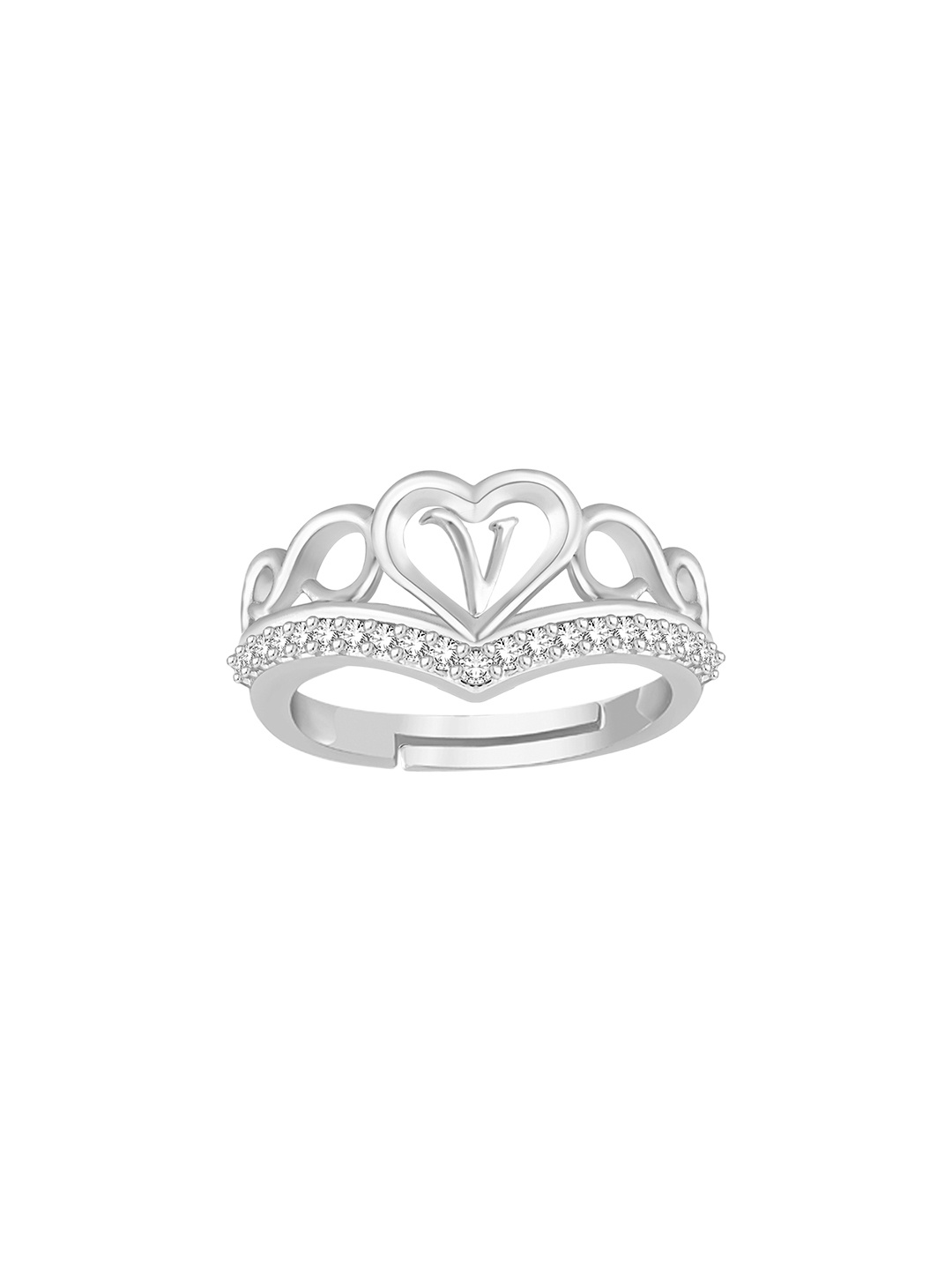 Lila Unisex Silver-Plated Cubic Zirconia Stone Studded Alphabet V Adjustable Finger Ring
Lila Unisex Silver-Plated Cubic Zirconia Stone Studded Alphabet V Adjustable Finger Ring