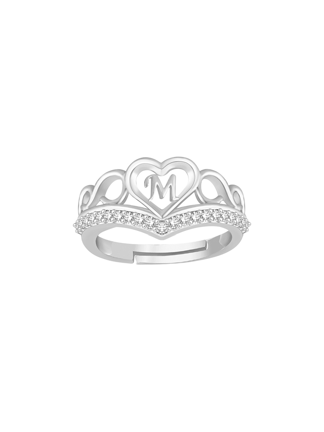 Lila Unisex Silver-Plated Cubic Zirconia Stone Studded Alphabet M Adjustable Finger Ring
Lila Unisex Silver-Plated Cubic Zirconia Stone Studded Alphabet M Adjustable Finger Ring