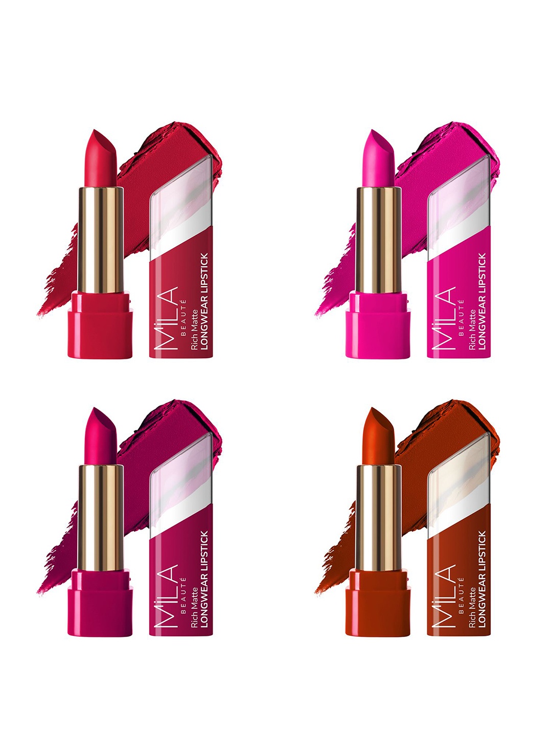 MILA BEAUTE Set Of 4 Rich Matte Longwear Bullet Lipstick - 4.2g Each -604 -608 -616 -619, Red
MILA BEAUTE Set Of 4 Rich Matte Longwear Bullet Lipstick - 4.2g Each -604 -608 -616 -619, Red