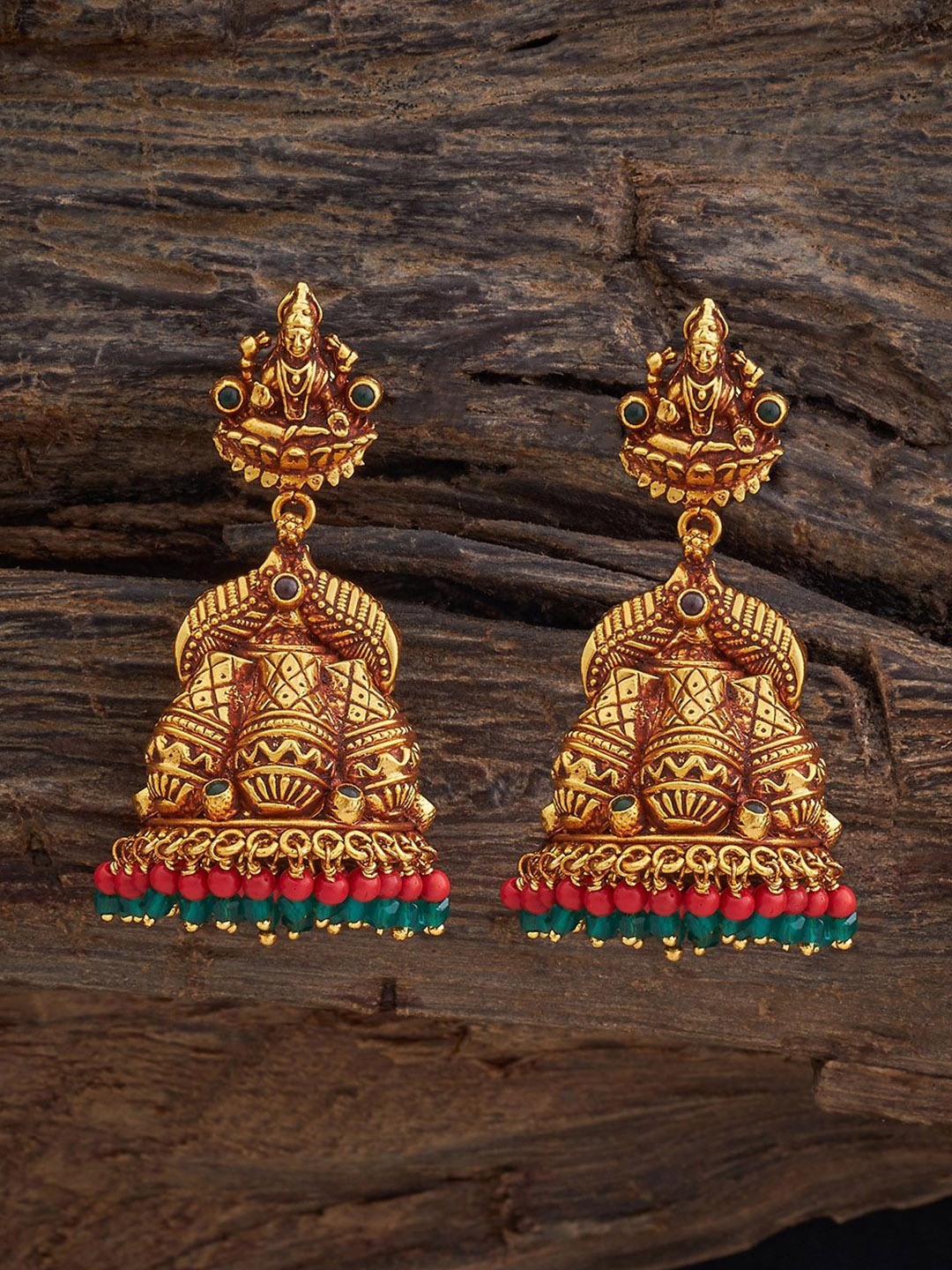 Kushal's Fashion Jewellery Silver Gold-Plated Stone Studded Dome Shaped Temple Jhumkas
Kushal's Fashion Jewellery Silver Gold-Plated Stone Studded Dome Shaped Temple Jhumkas