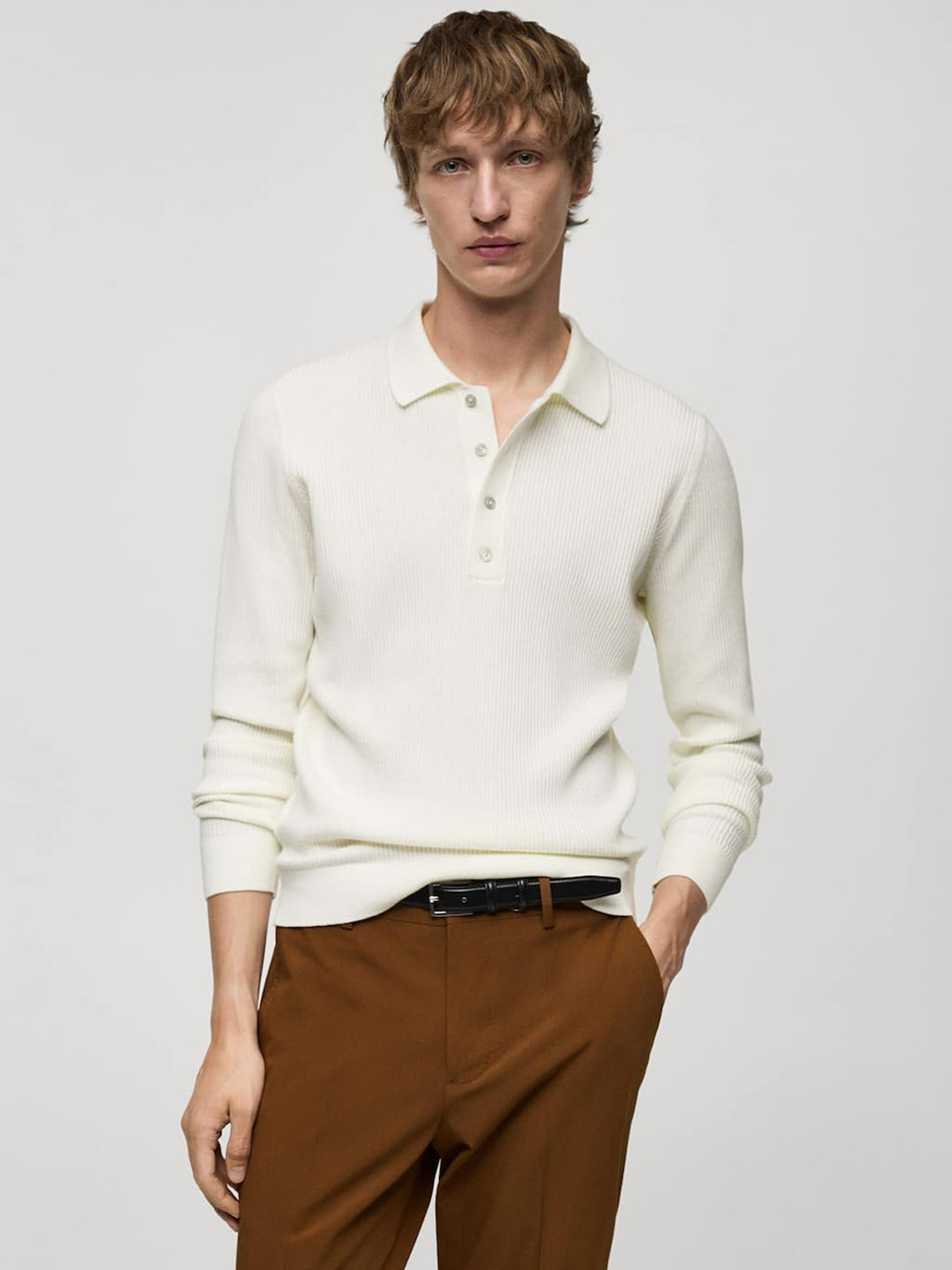 MANGO MAN Fine Knit Ribbed Polo Neck Sweater, Off white 
MANGO MAN Fine Knit Ribbed Polo Neck Sweater, Off white