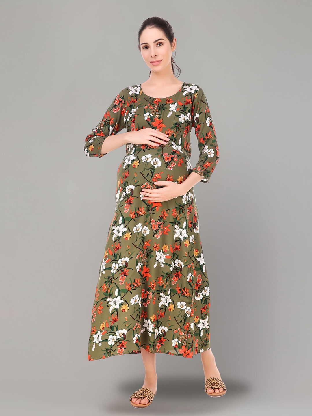 Zuvino Women Floral Print Round Neck Three-Quarter Sleeves Maternity A-Line Midi Dress, Olive
Zuvino Women Floral Print Round Neck Three-Quarter Sleeves Maternity A-Line Midi Dress, Olive