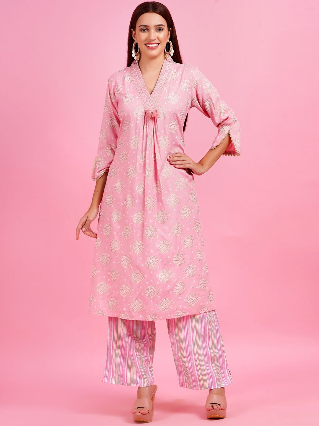 HIGHLIGHT FASHION EXPORT Women Ethnic Motifs Printed Regular Mirror Work Kurta with Palazzos, Pink
HIGHLIGHT FASHION EXPORT Women Ethnic Motifs Printed Regular Mirror Work Kurta with Palazzos, Pink