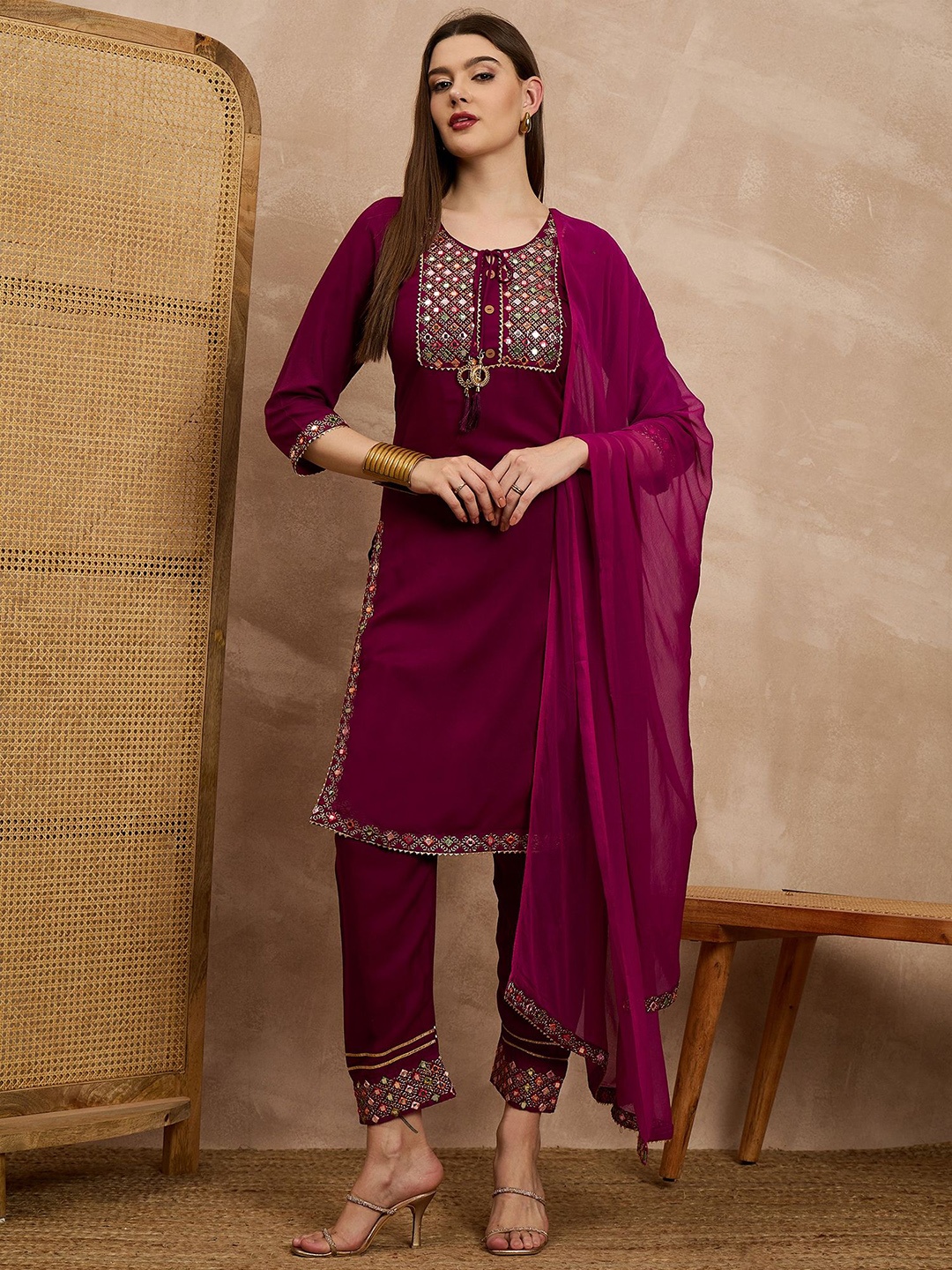 all about you Women Yoke Design Regular Mirror Work Kurta with Trousers & With Dupatta, Maroon
all about you Women Yoke Design Regular Mirror Work Kurta with Trousers & With Dupatta, Maroon