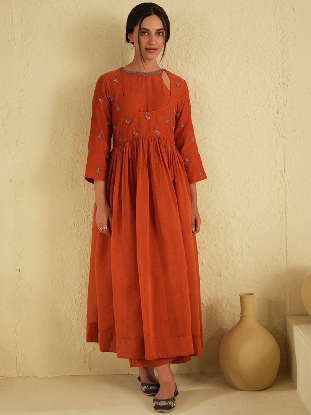 SUSHRAM Women Ethnic Motifs Embroidered Pleated Chanderi Silk Kurta with Trousers, Rust
SUSHRAM Women Ethnic Motifs Embroidered Pleated Chanderi Silk Kurta with Trousers, Rust