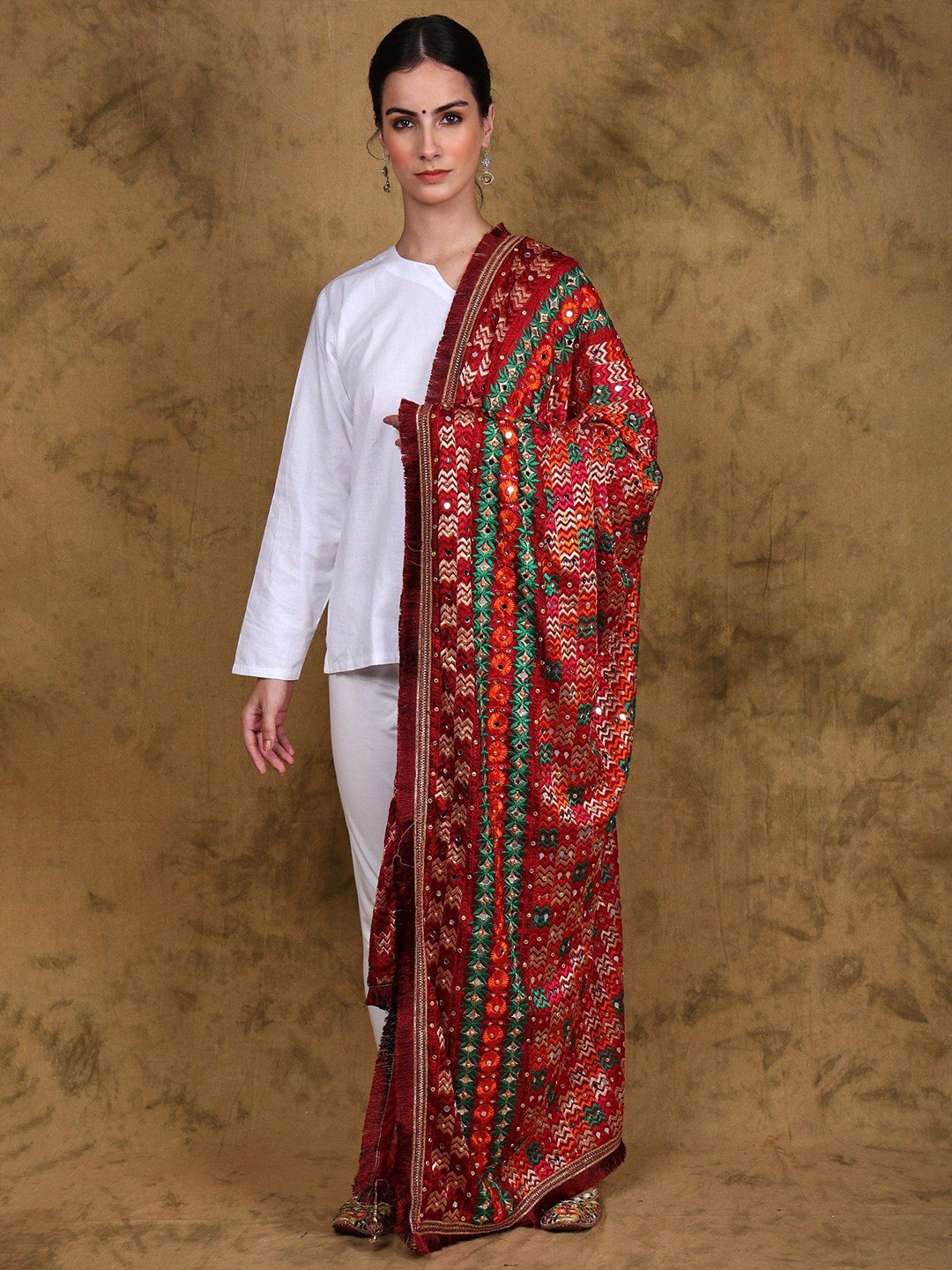 Exotic India Phulkari Dupatta with Heavy Thread Embroidery & Bead Mirror Work, Brown
Exotic India Phulkari Dupatta with Heavy Thread Embroidery & Bead Mirror Work, Brown