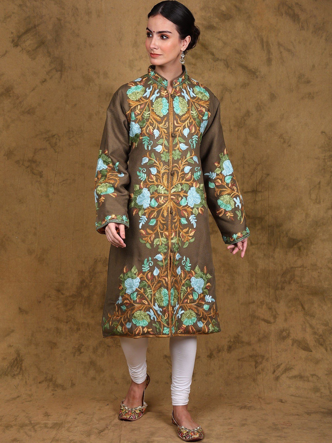 Exotic India Wool Long Jacket from Kashmir with Multicolor Aari Embroidered Floral Motifs, Brown
Exotic India Wool Long Jacket from Kashmir with Multicolor Aari Embroidered Floral Motifs, Brown